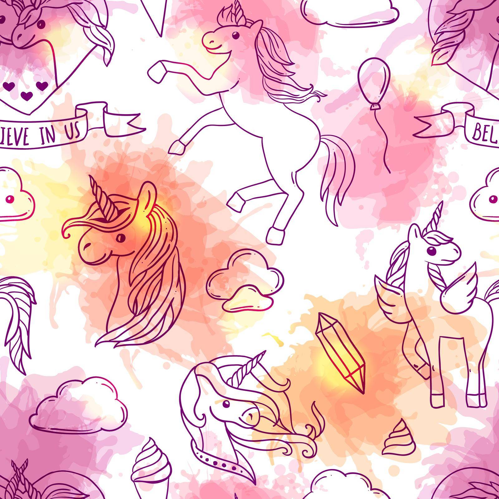 Beautiful hand drawn vector seamless pattern unicorn. Cartoon style. Good for baby clothes.