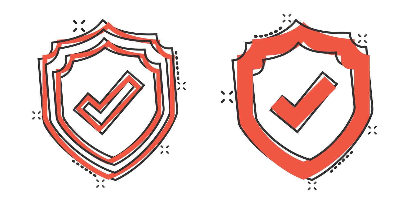 Shield with check mark icon in comic style. Protect cartoon vector illustration on white isolated background. Checkmark guard splash effect business concept. by LysenkoA