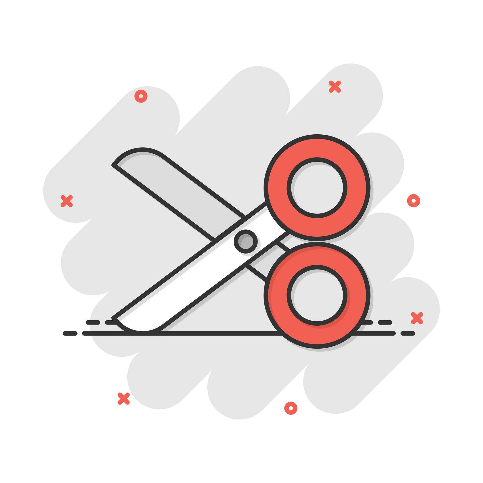 Vector cartoon scissors icon in comic style. Scissor sign illustration pictogram. Shear business splash effect concept. by LysenkoA