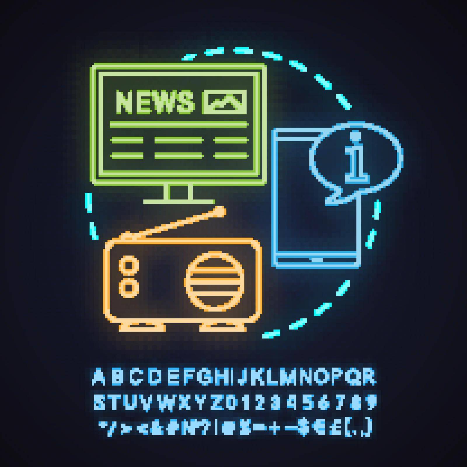 News studio neon light concept icon. Mass media idea. Electronic newspaper, radio broadcasting, info chat. Glowing sign with alphabet, numbers and symbols. Vector isolated illustration
