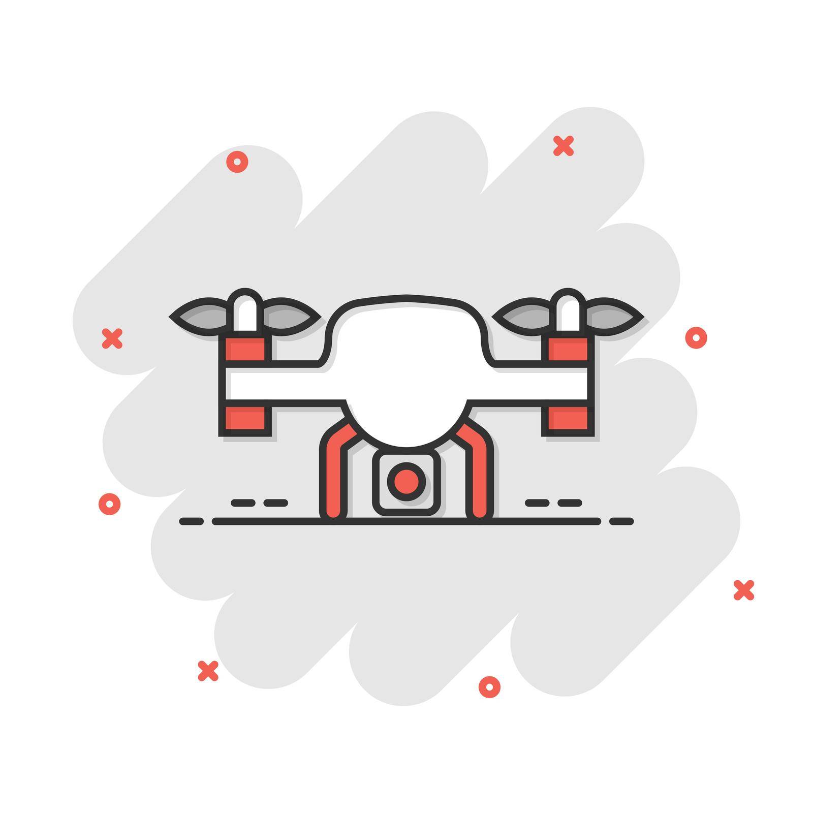 Drone quadrocopter icon in comic style. Quadcopter camera vector cartoon illustration on white isolated background. Helicopter flight business concept splash effect. by LysenkoA