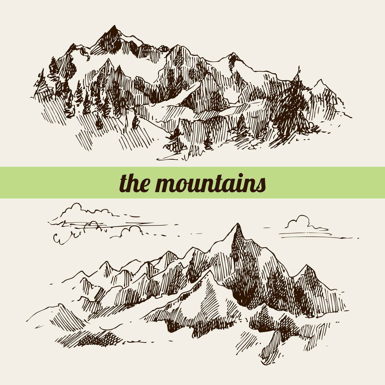 Mountains sketch, contours of the mountains engraving style, hand drawn vector illustration