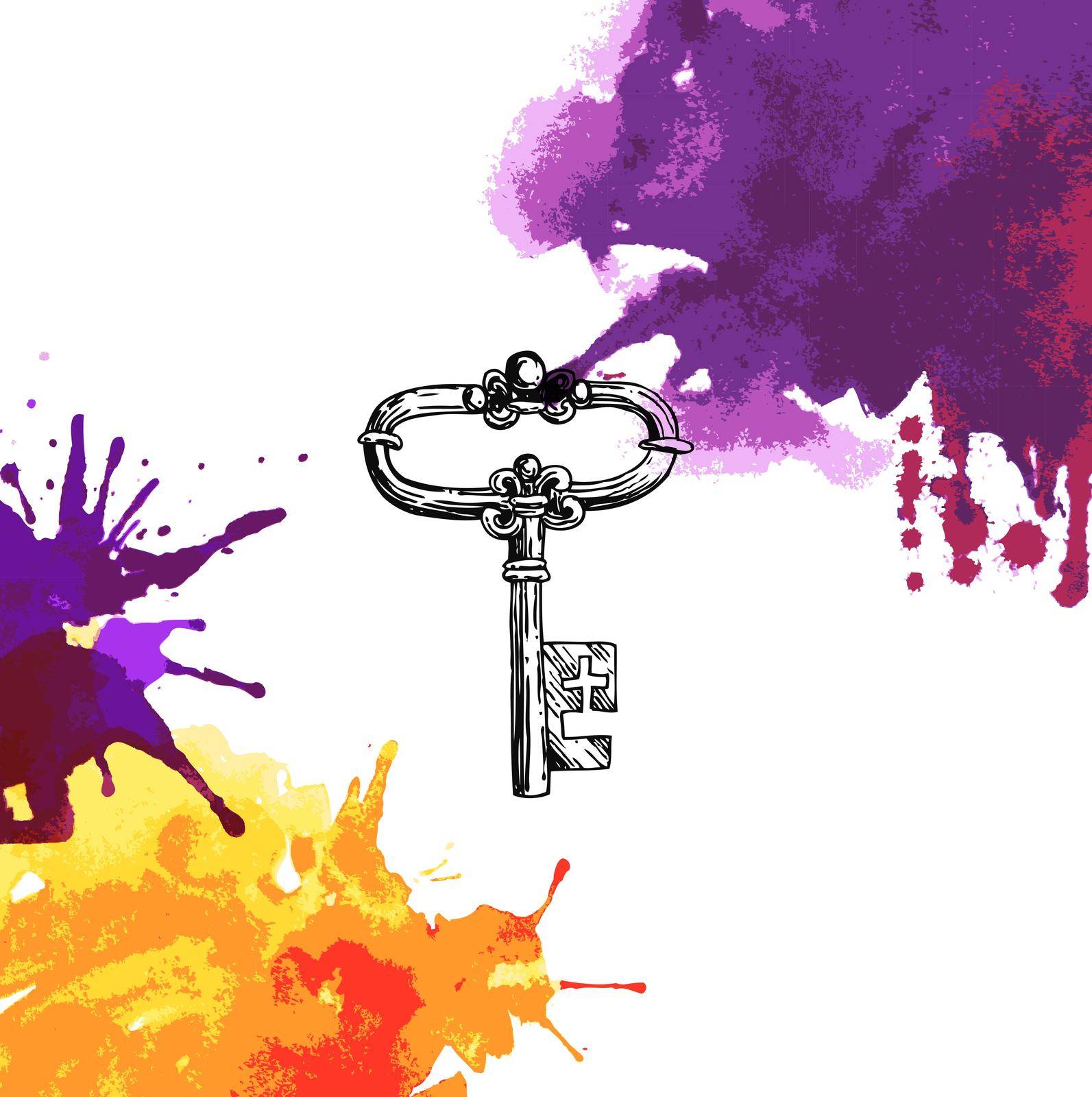 Watercolor stains violet and yellow. Vintage key. Vector