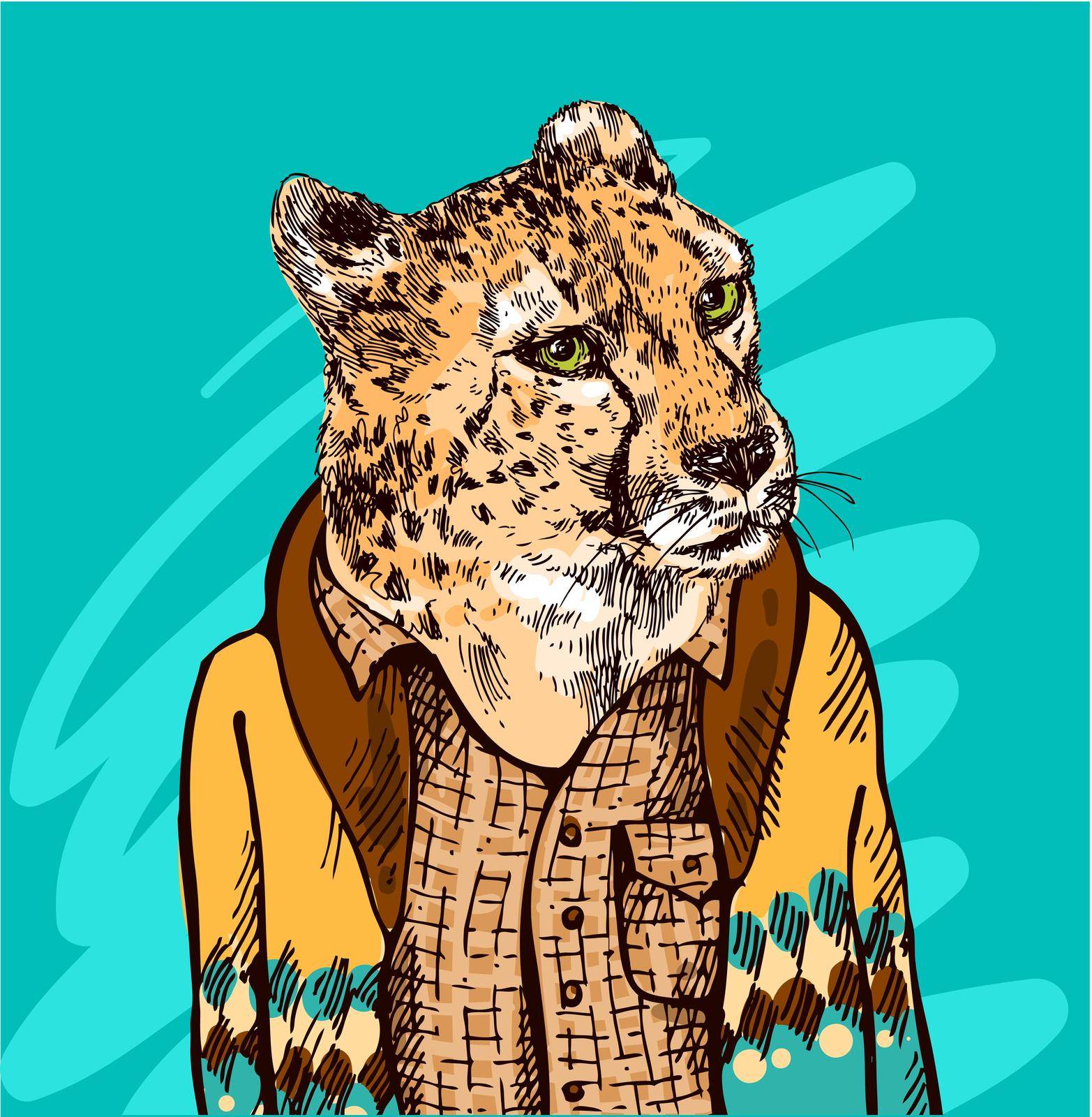 Leopard in a jacket. Vector sketch illustration. Drawing by hand. Fashion style.