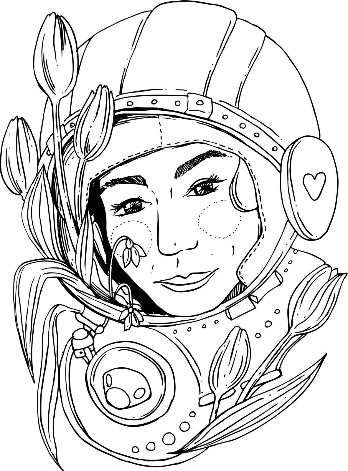 Hand drawn vector illustration woman space. Ptint for t-shirt.
