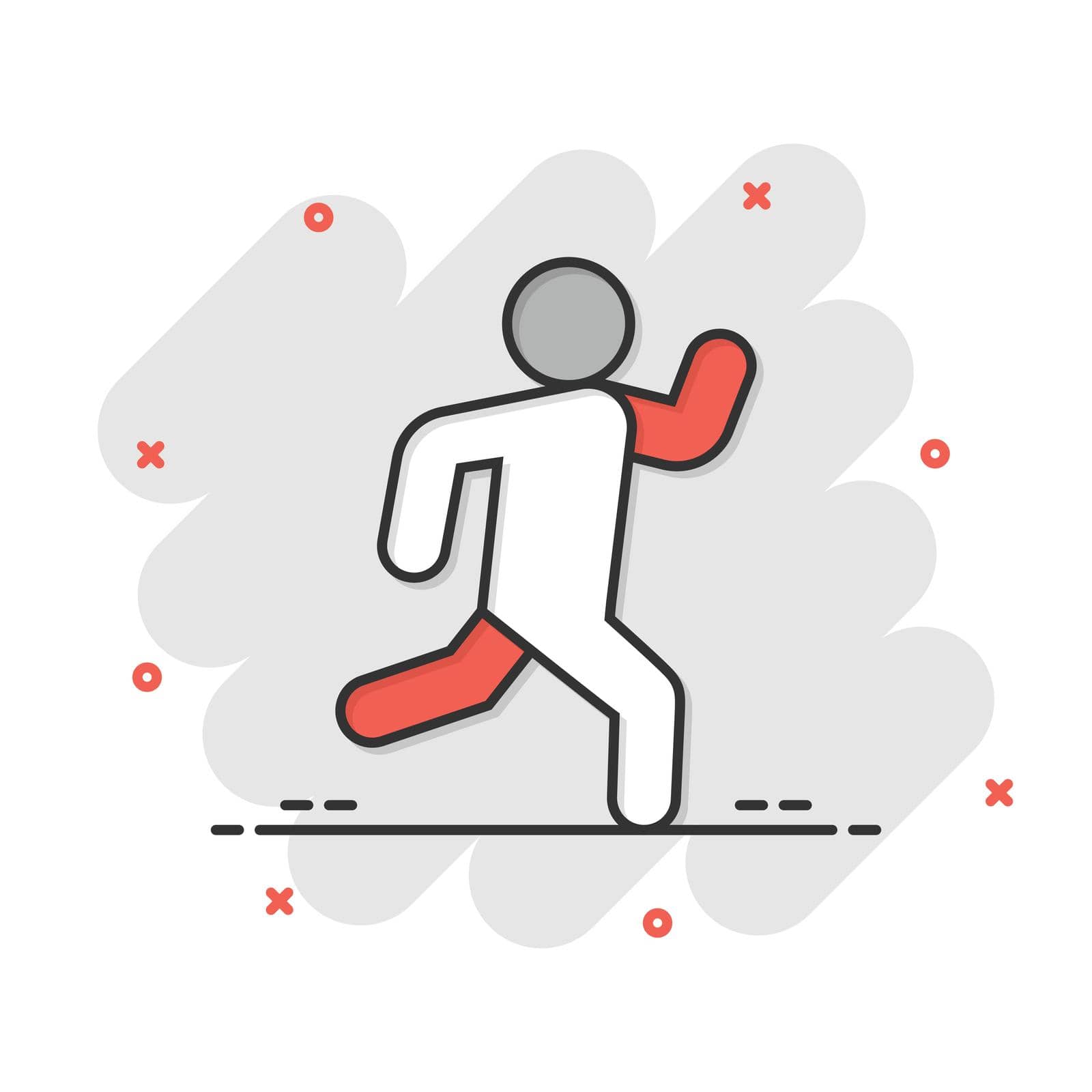 Run people icon in comic style. Jump cartoon vector illustration on white isolated background. Fitness splash effect business concept.