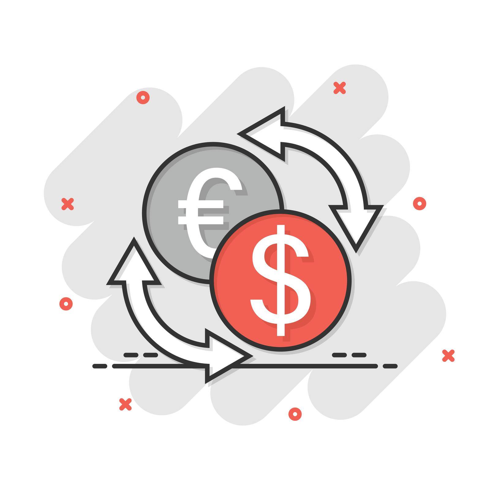 Currency exchange icon in comic style. Dollar euro transfer cartoon vector illustration on white isolated background. Financial process splash effect business concept. by LysenkoA