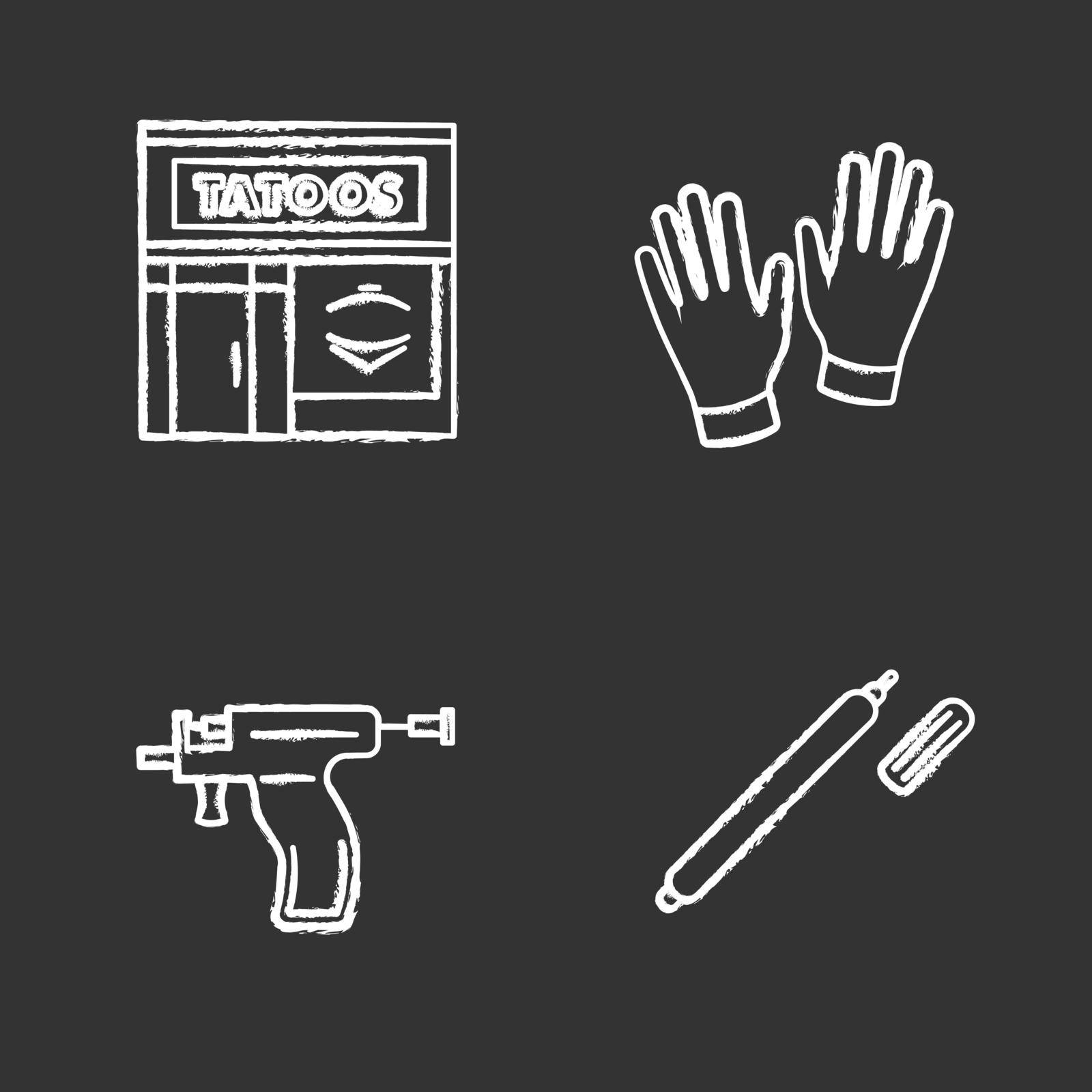 Tattoo studio chalk icons set. Piercing service. Tattoo parlour exterior, medical gloves, piercing gun, highlighter. Isolated vector chalkboard illustrations