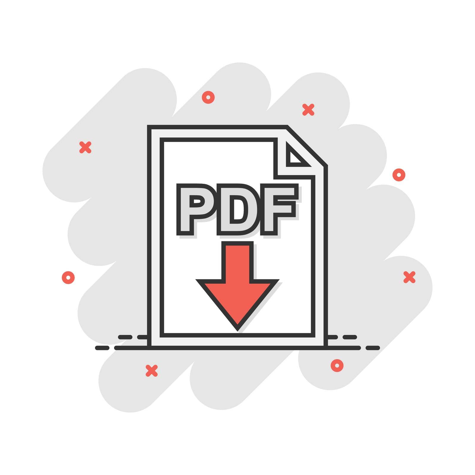 Cartoon PDF icon in comic style. Document illustration pictogram. File sign splash business concept.