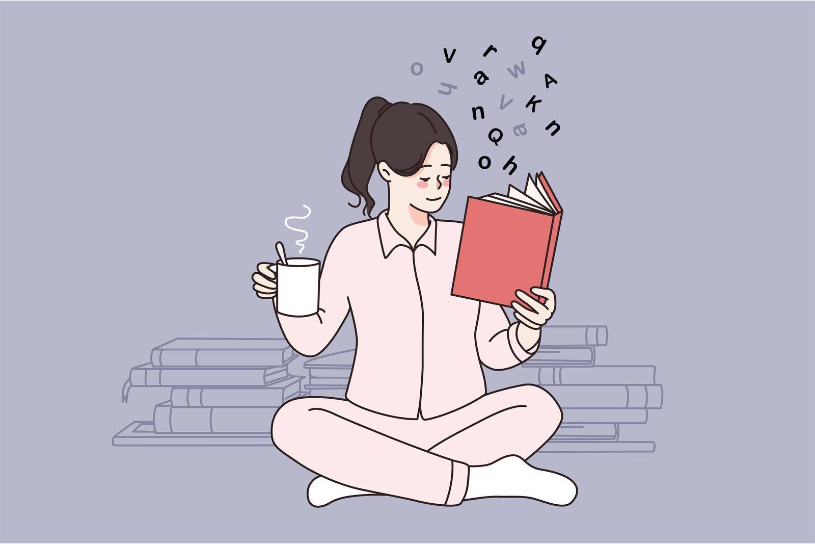 Leisure and relax activity concept. Young smiling girl sitting on floor relaxing reading book drinking tea or coffee vector illustration
