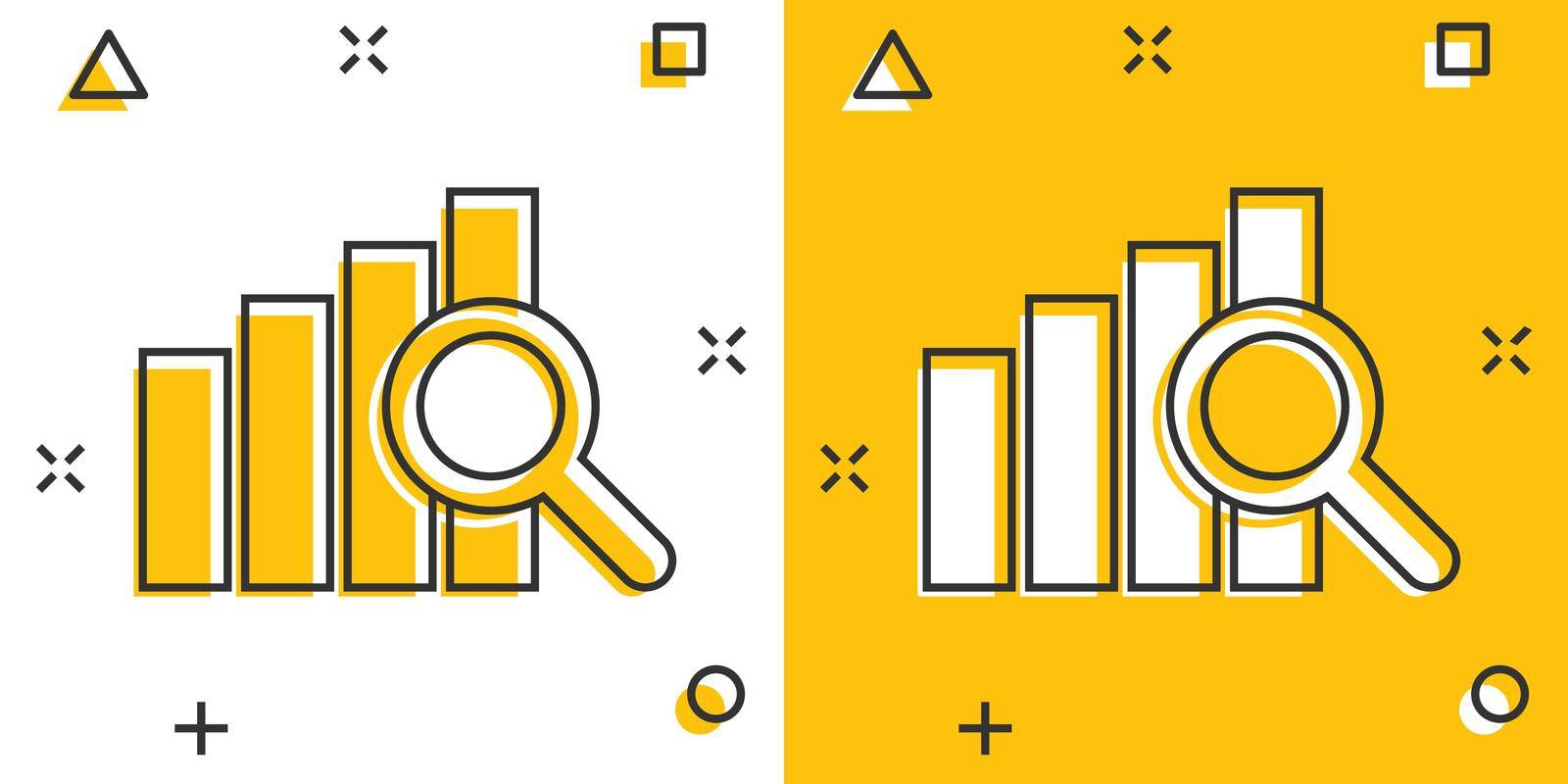 Vector cartoon financial forecast icon in comic style. Analytics financial forecast concept illustration pictogram. Diagram with loupe business splash effect concept.