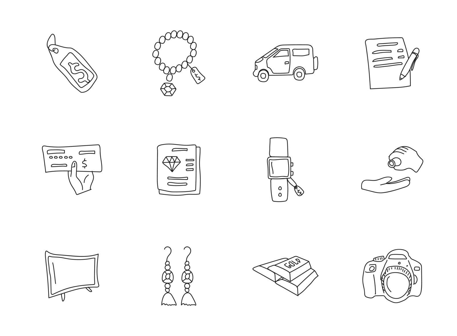 pawnshop doodles isolated on white. pawnshop icon set for web design, user interface, mobile apps and print by govindamadhava108