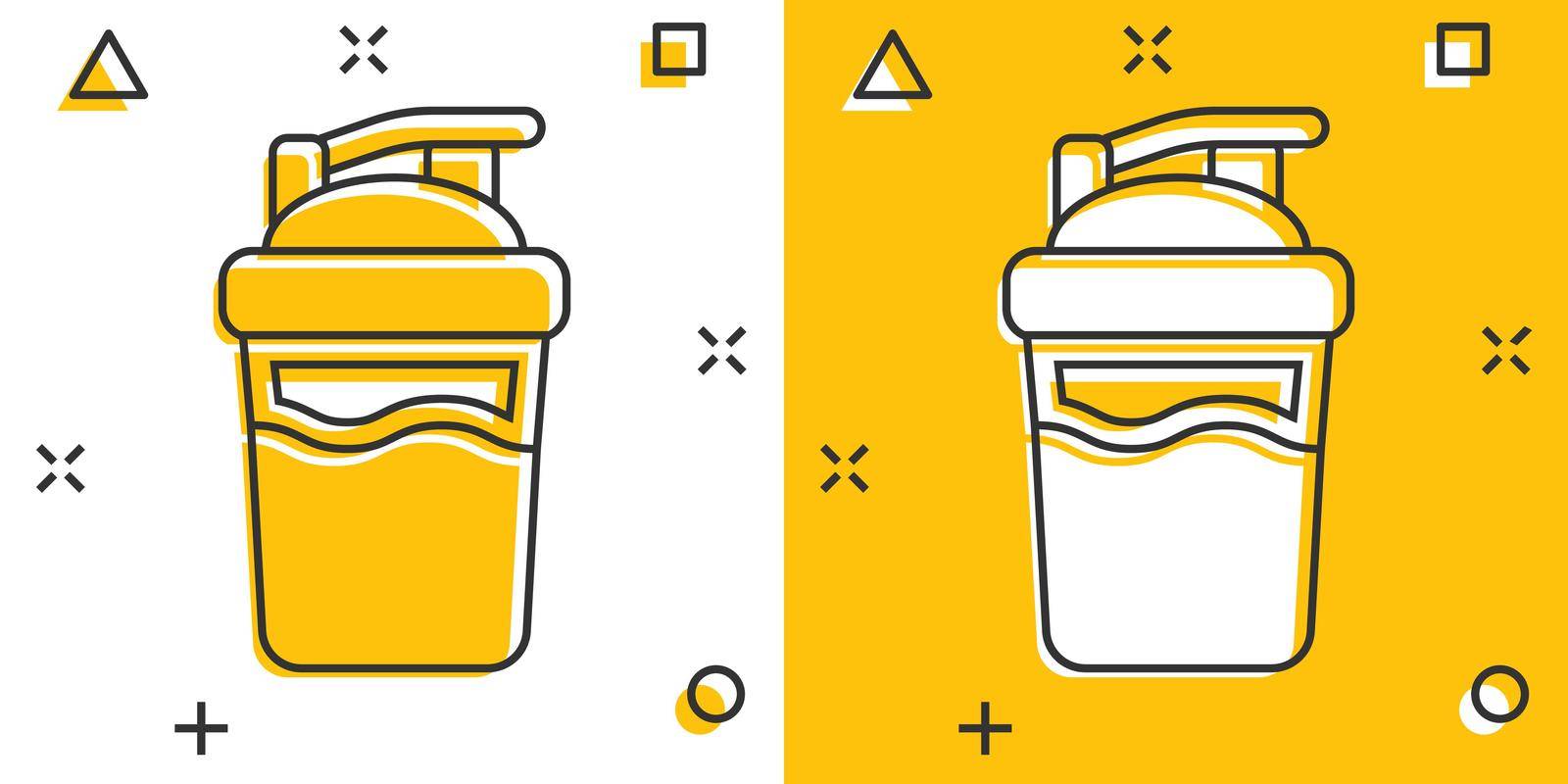 Shaker icon in comic style. Sport bottle vector cartoon illustration on white isolated background. Fitness container business concept splash effect. by LysenkoA