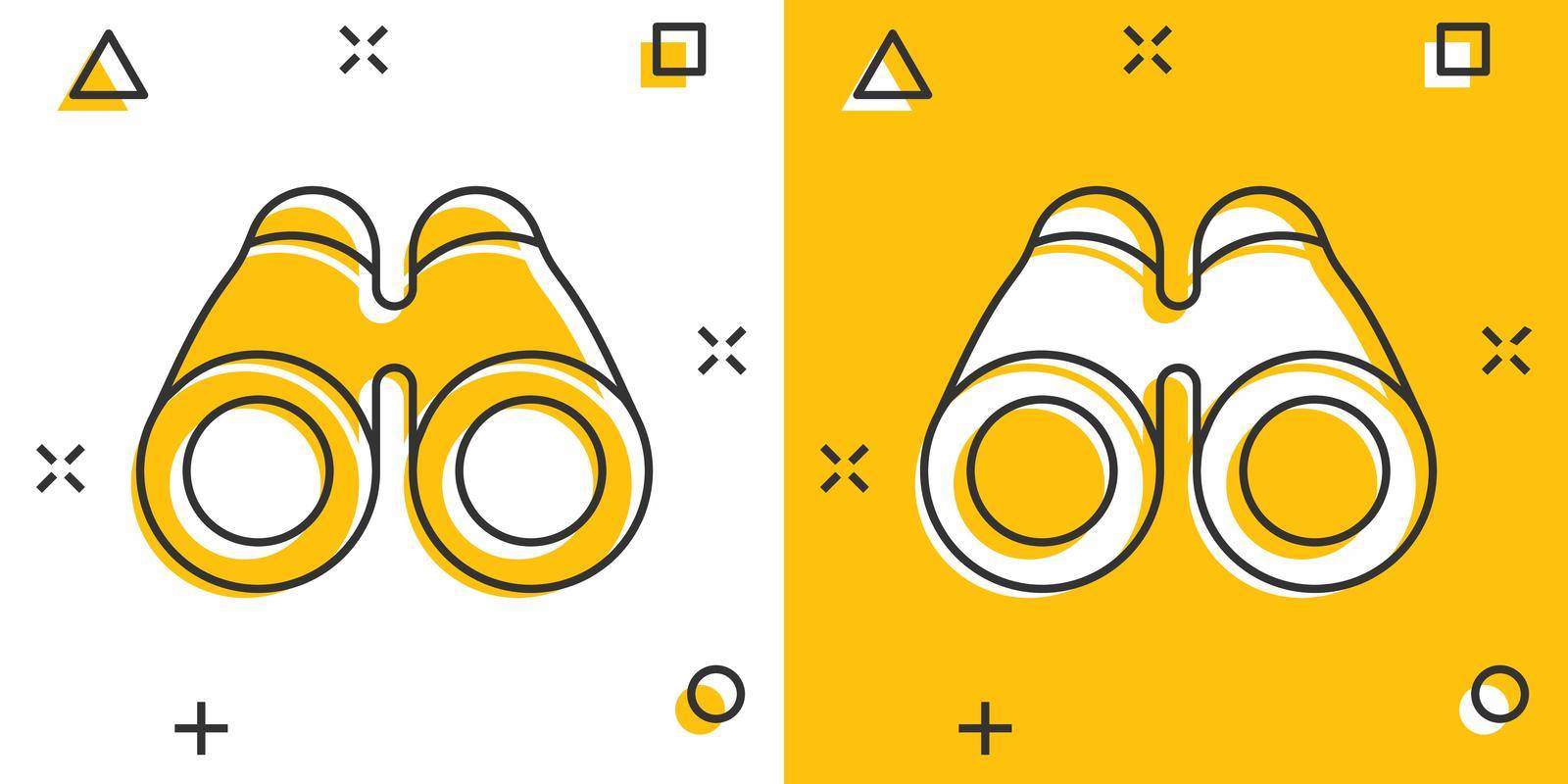 Binocular icon in comic style. Search cartoon vector illustration on white isolated background. Zoom splash effect business concept.