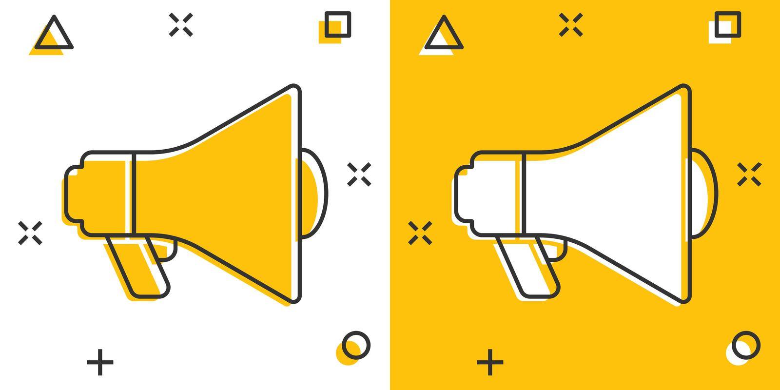 Megaphone speaker icon in comic style. Bullhorn cartoon sign vector illustration on white isolated background. Scream announcement splash effect business concept.