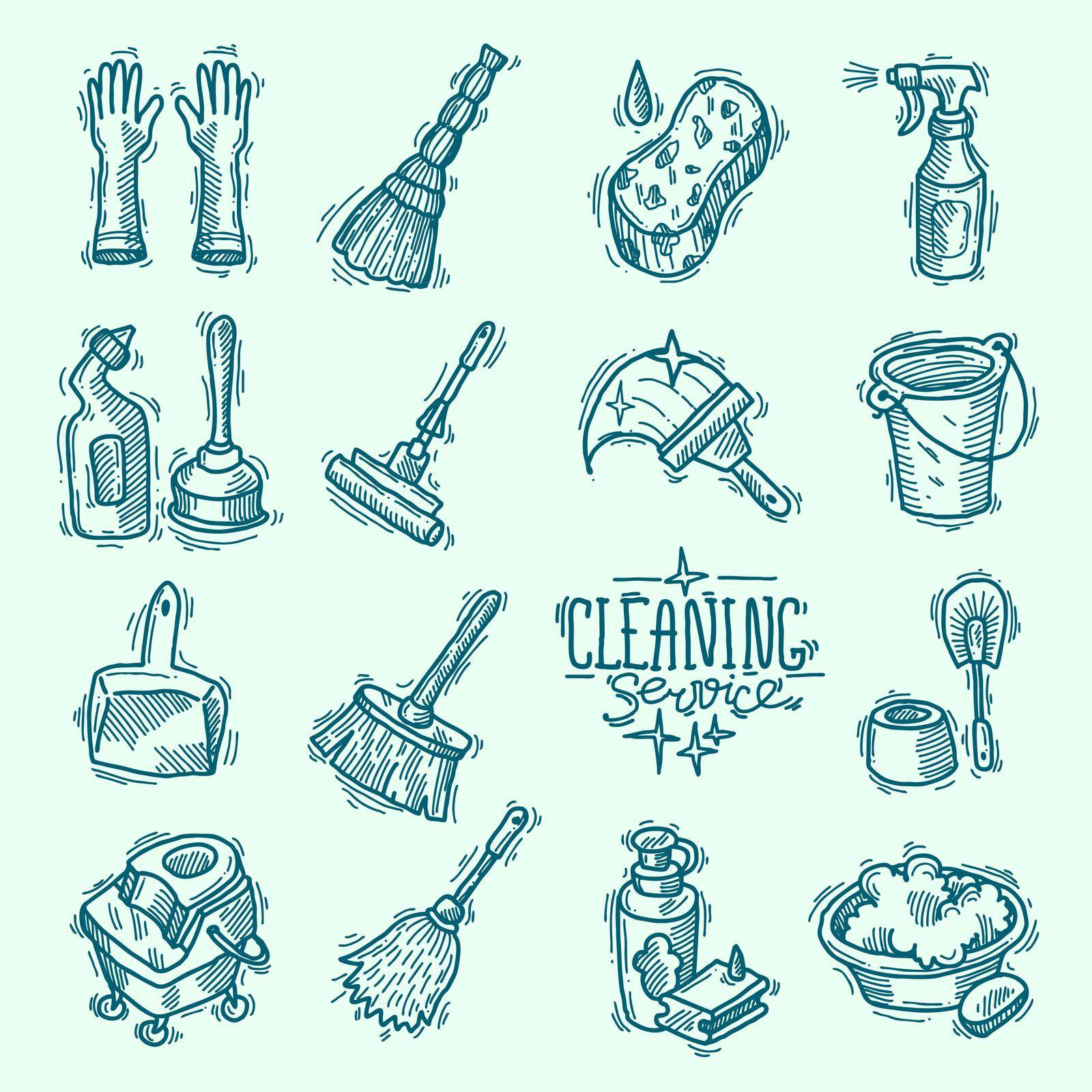 Beautiful hand drawn doodle icon set cleaning service