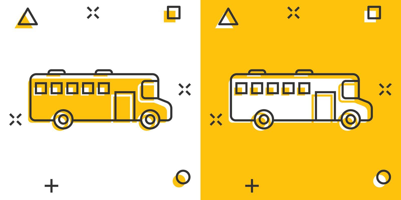 Bus icon in comic style. Coach cartoon vector illustration on white isolated background. Autobus vehicle splash effect business concept. by LysenkoA