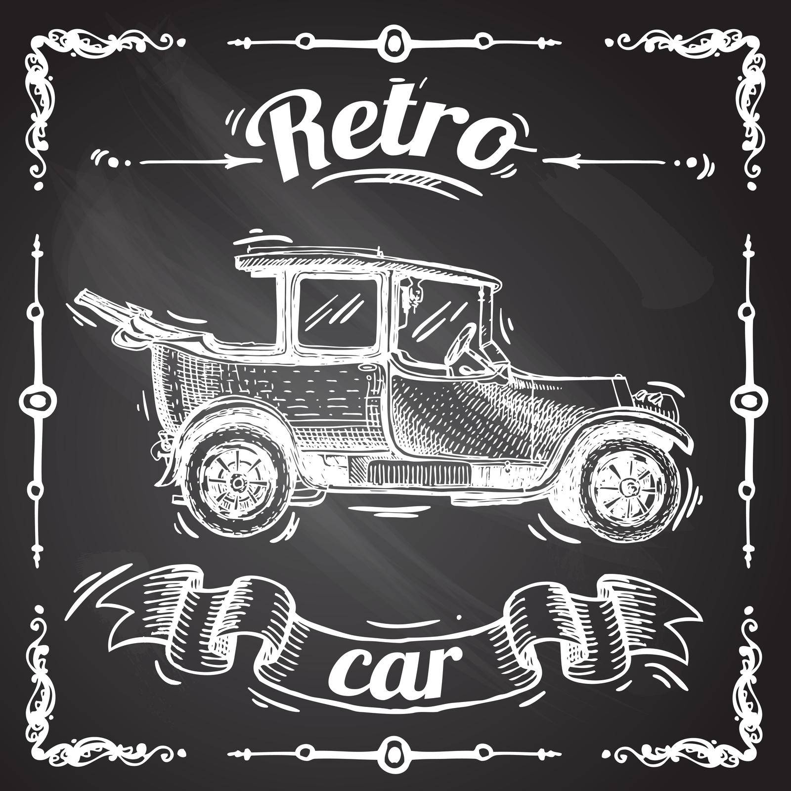 beautiful hand- drawn illustration retro car sketch on the chalkboard
