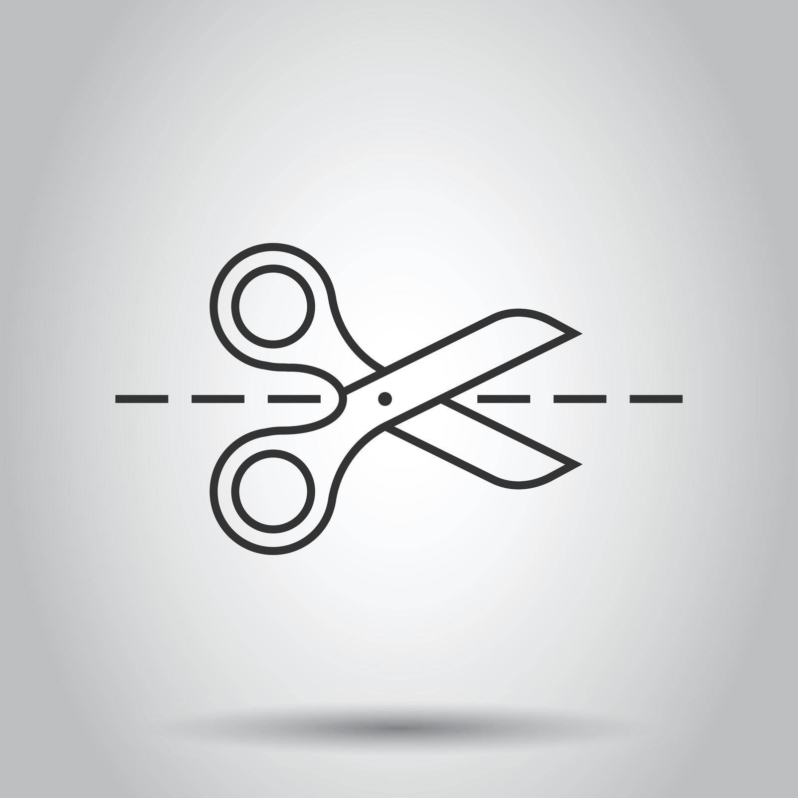 Scissor with cutting line icon in flat style. Cut equipment vector illustration on white isolated background. Cutter business concept. by LysenkoA