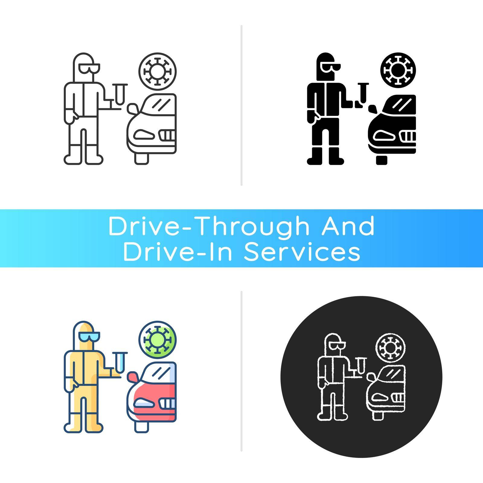 Drive through covid testing icon. Check for coronavirus. Pandemic precaution. Quarantine health checkup. Sanitize for virus. Linear black and RGB color styles. Isolated vector illustrations