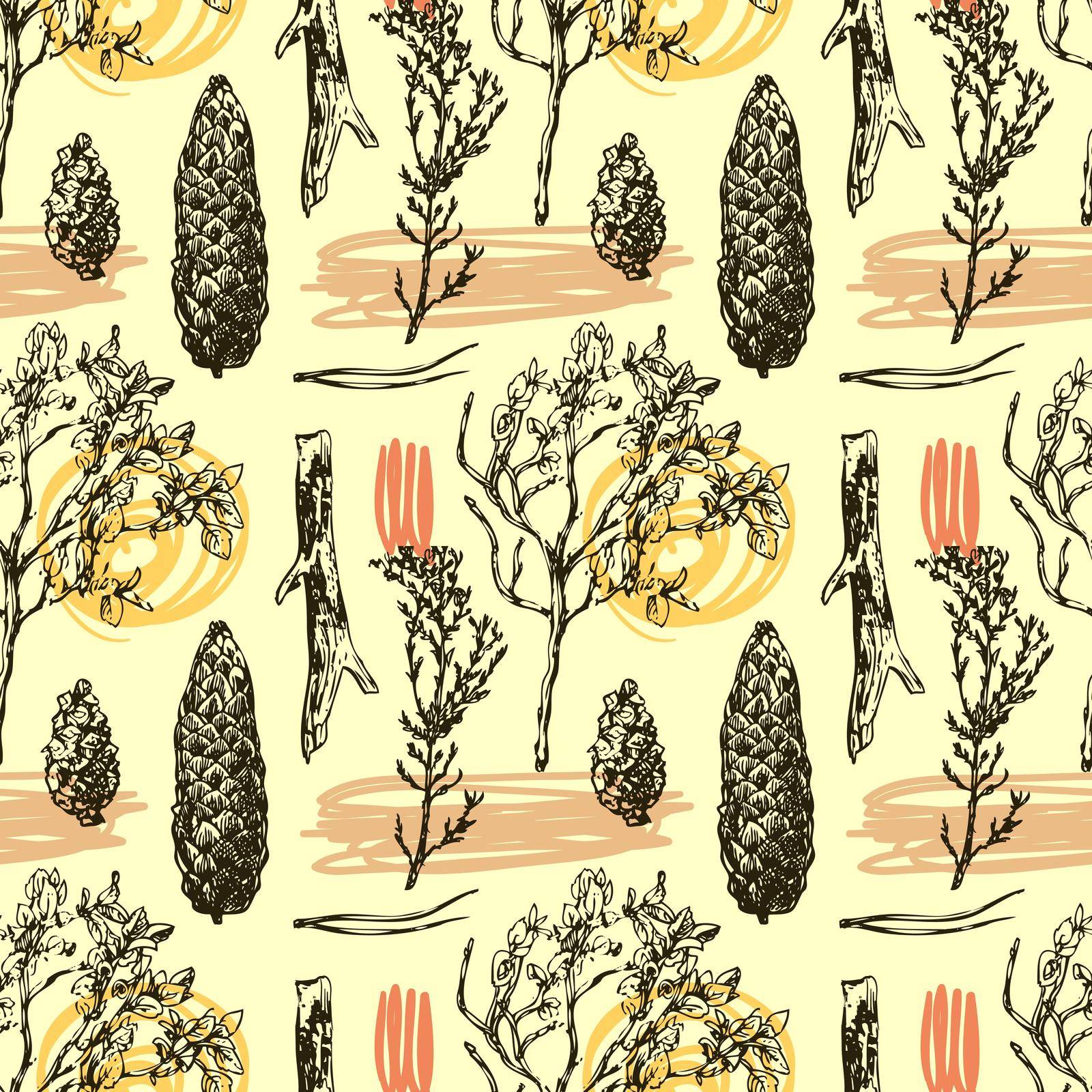 Hand drawn vector seamless pattern with wildflowers and cone. Decorative floral illustration. Sketch style. Us for skrapbuking, tissue, textile, cloth, fabric, web material