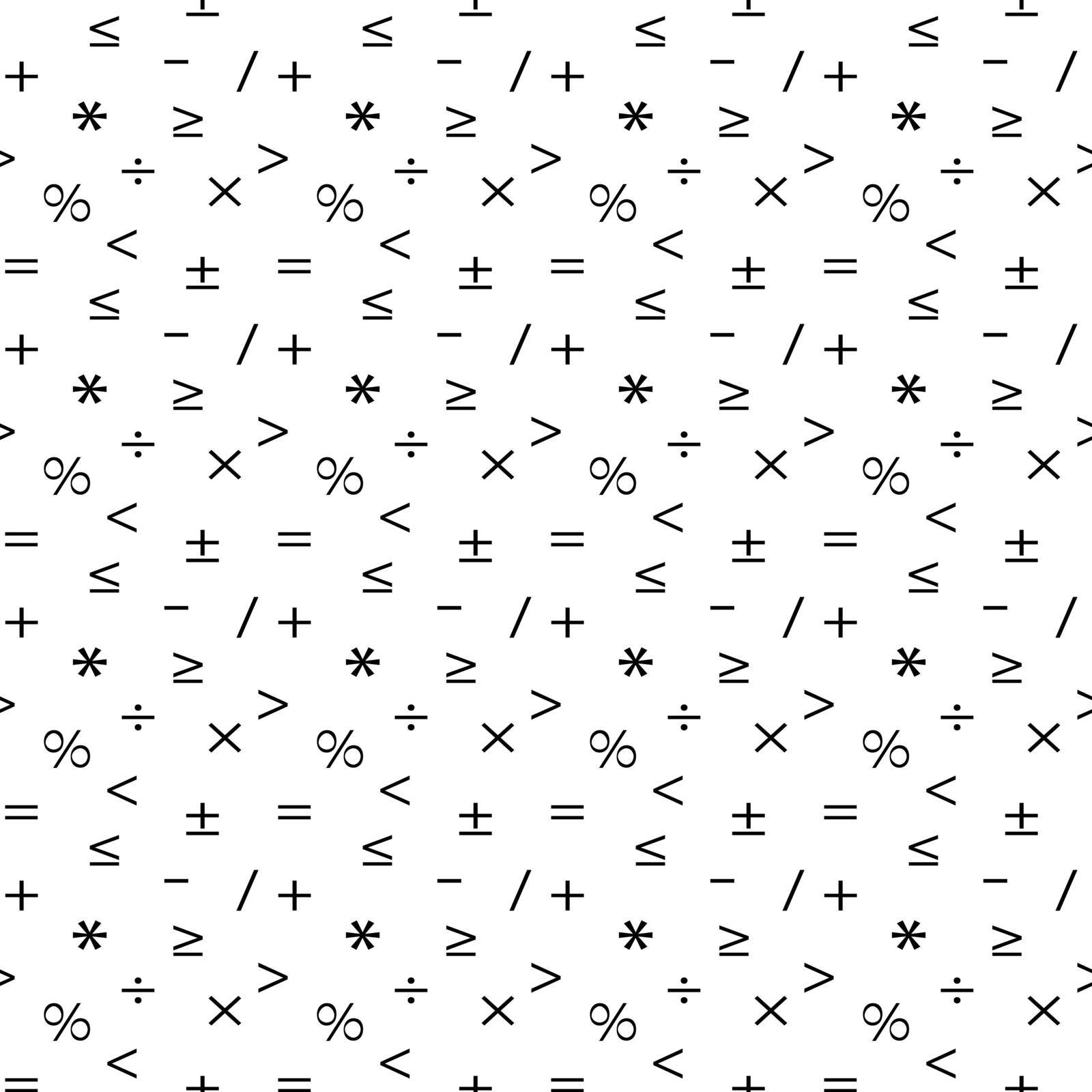 Mathematic geometric seamless pattern in Memphis style. Abstract background from minus, plus, equal, not equal, division, multiplication. Cheerful background for the programmer