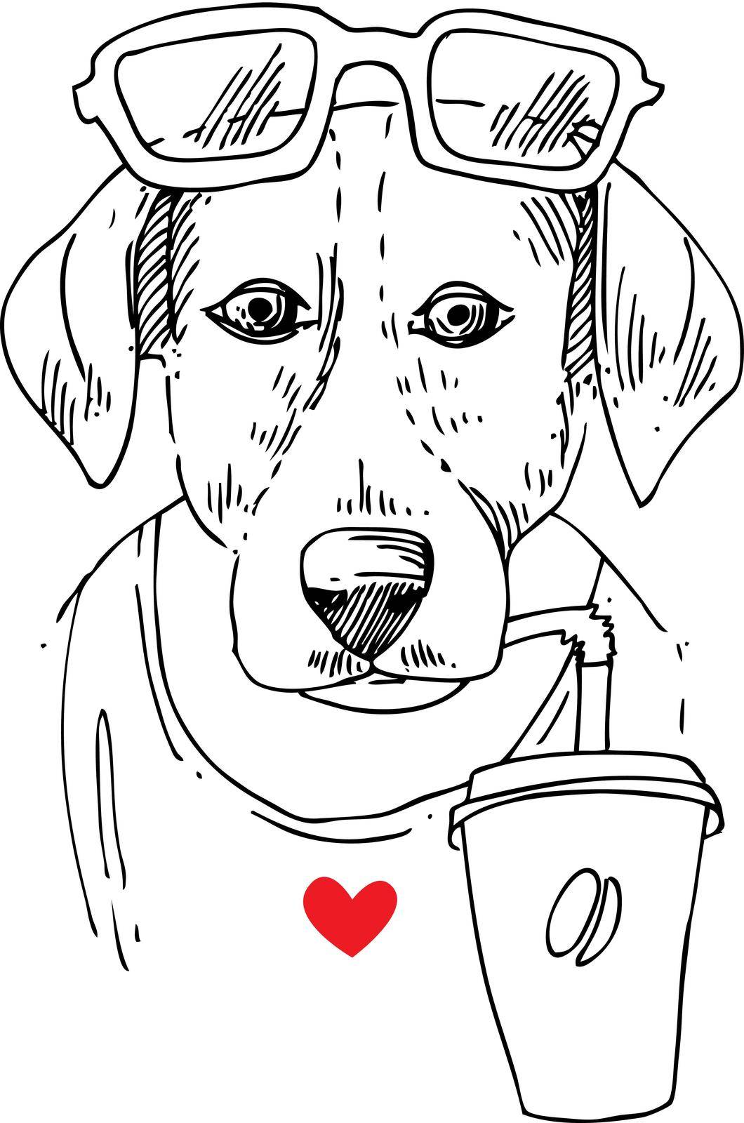 Dog drinks coffee. Hand drawn vector illustration for t-shirt, poster, postcard. Ink drawing.