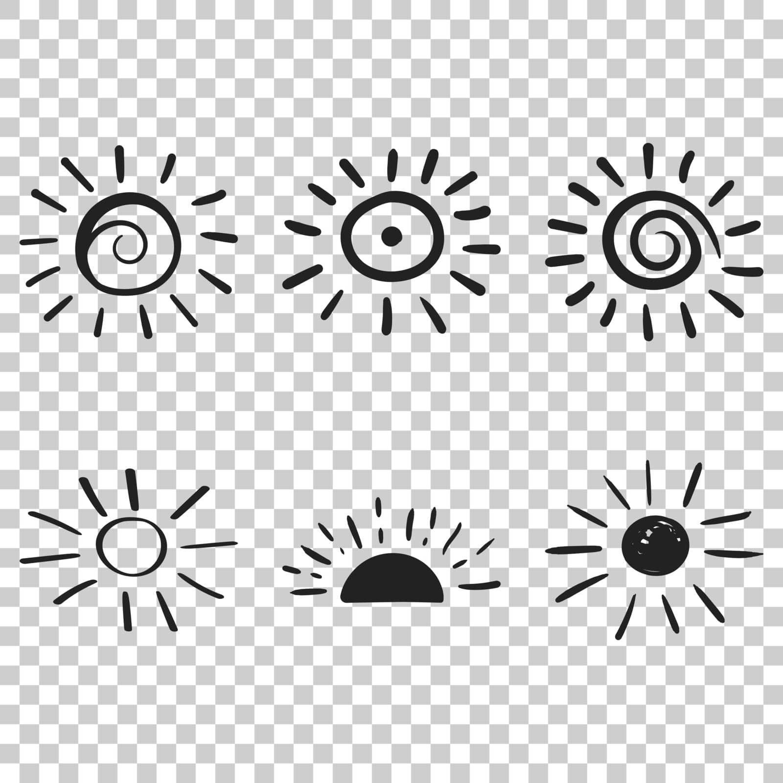 Hand drawn sun vector icon. Sun sketch doodle illustration. Handdrawn sunshine concept on isolated transparent background.