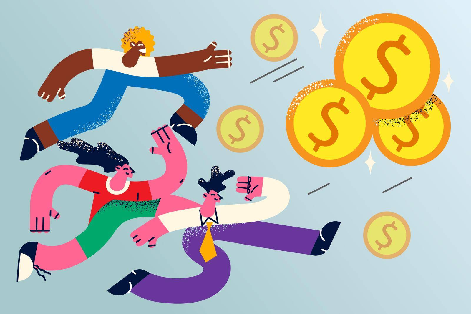 Diverse people run to get money strive for career success reach financial goal. Greedy employees in chase for cash and wealth. Competition and rivalry. Finance and banking. Vector illustration.
