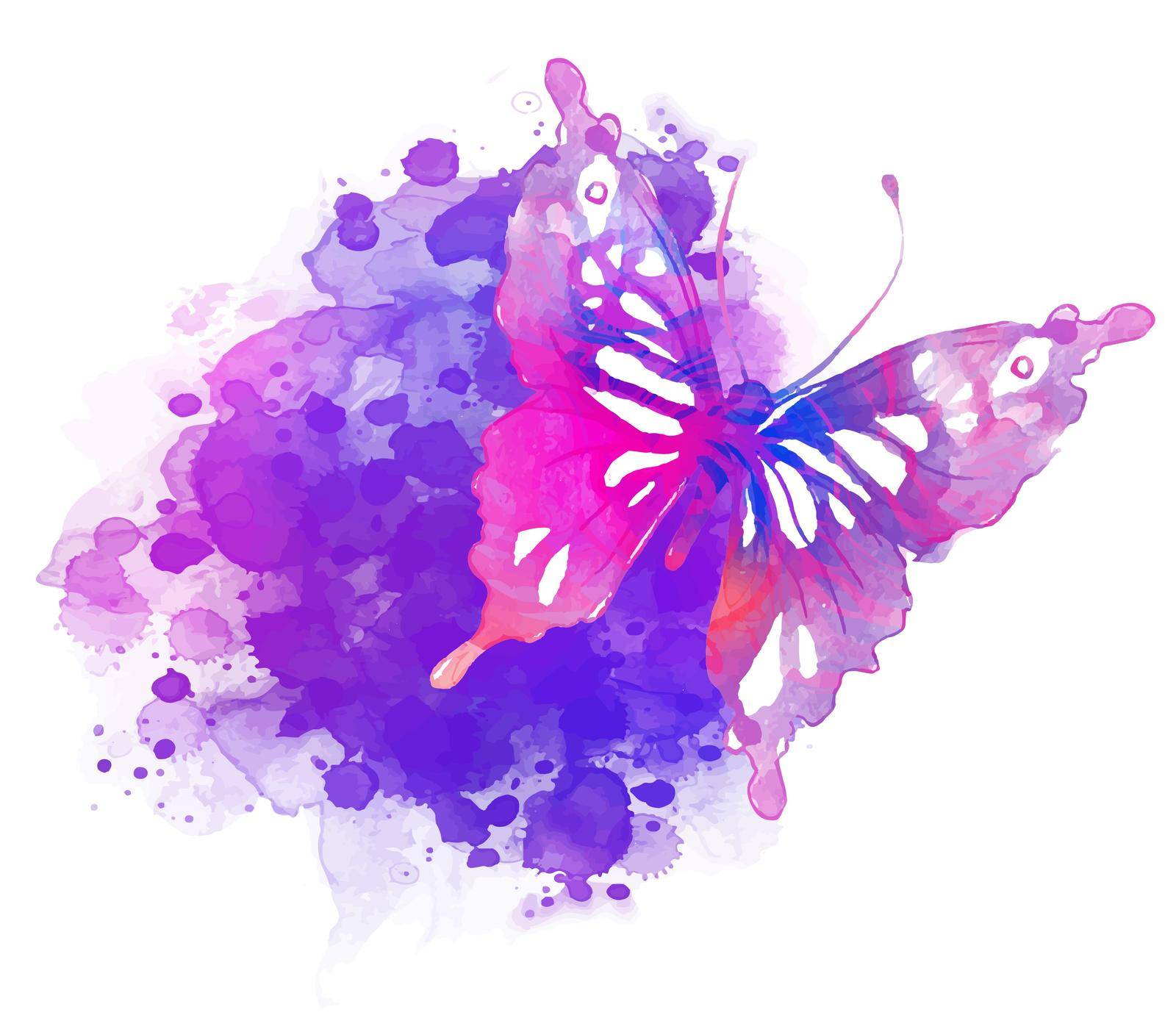 Amazing watercolor background with butterfly. Vector art isolated on white