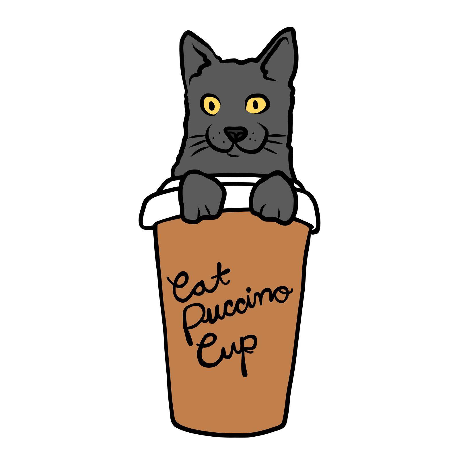 Catpuccino, cat in coffee cup cartoon vector illustration by Yoopho
