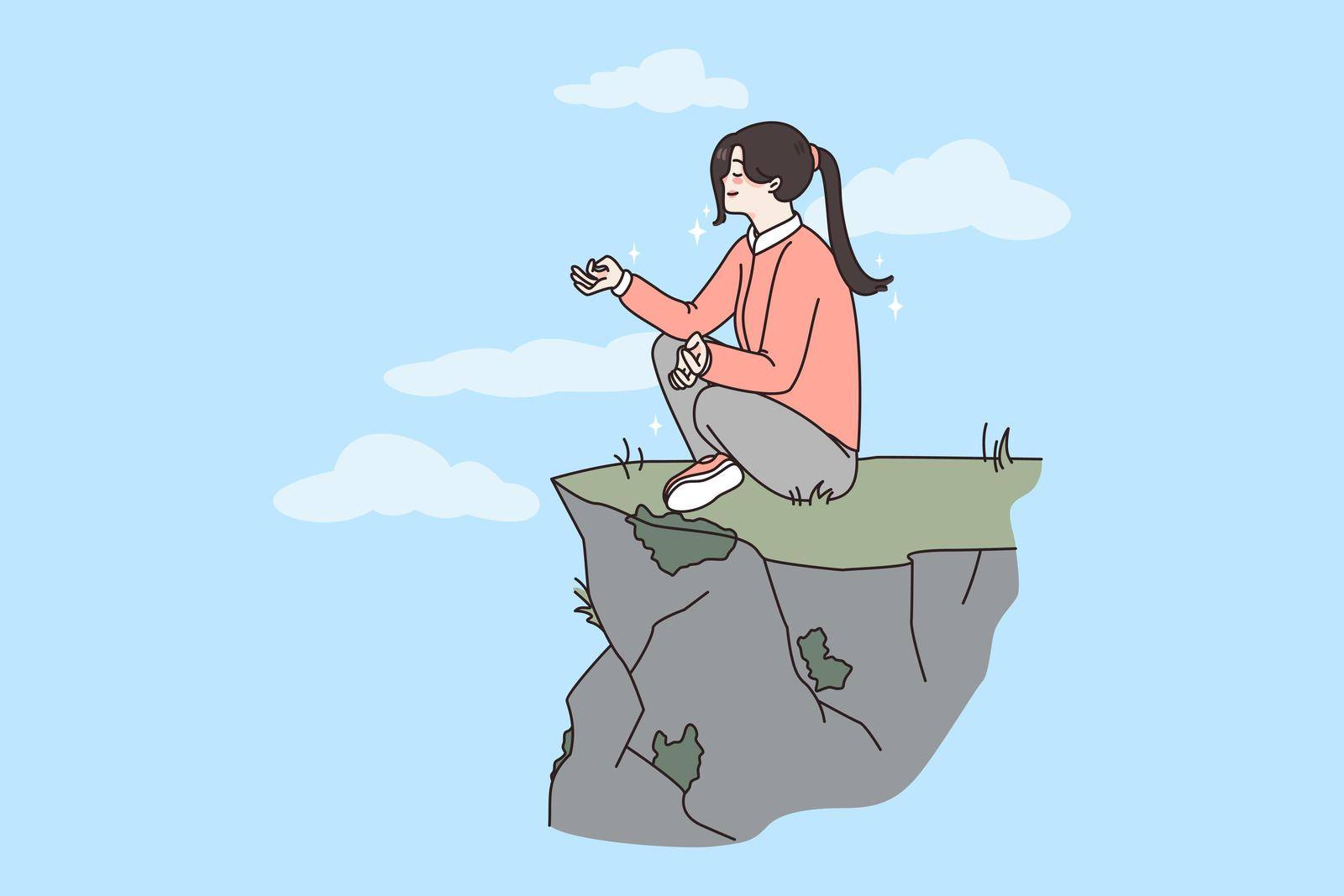 Meditation and travel vacations concept. Young smiling woman with eyes closed sitting on rock near abyss and feeling harmony meditating vector illustration