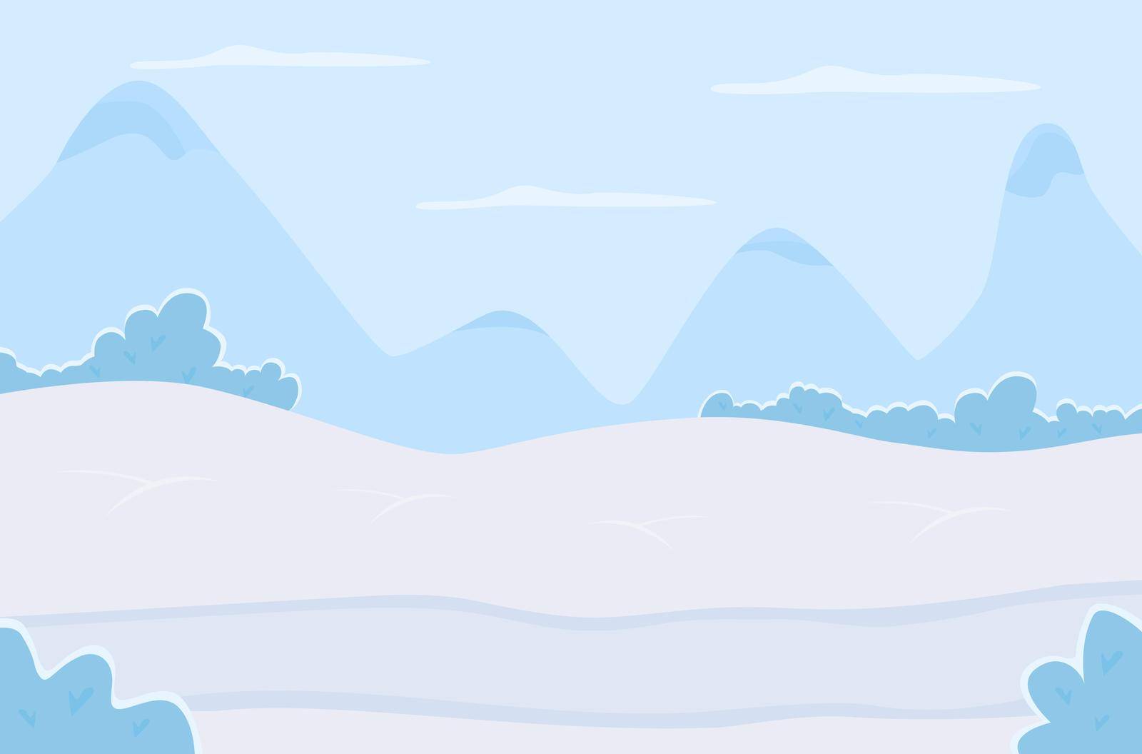 Morning in winter mountains flat color vector illustration. Scenic frozen land during daytime. Snow on wintry hills. Panoramic 2D cartoon landscape with ridges and peaks on background