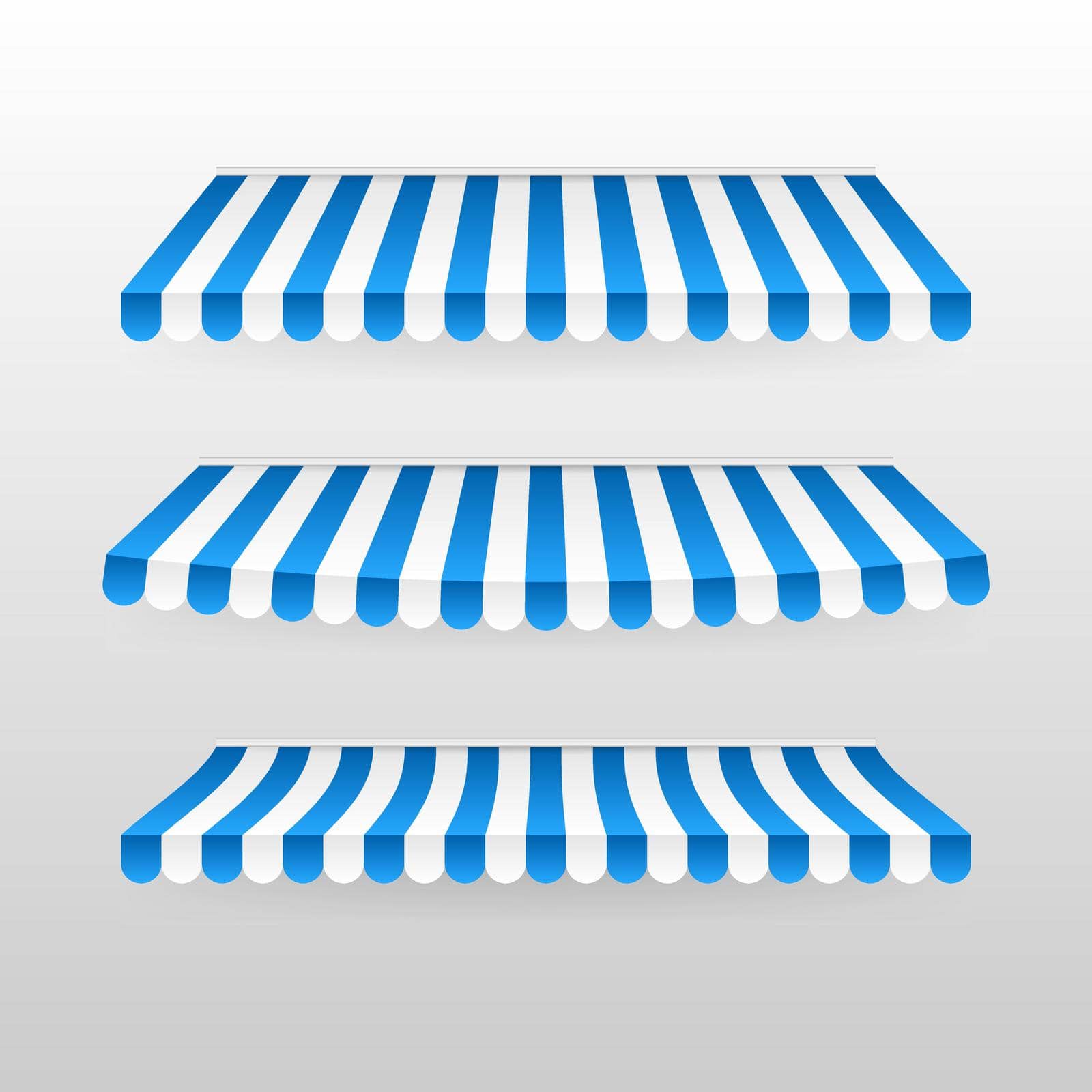 Blue and white sunshade. Outdoor awnings for cafe and shop window isolated vector set. Tent sunshade for market, stripe summer scallop for store illustration.