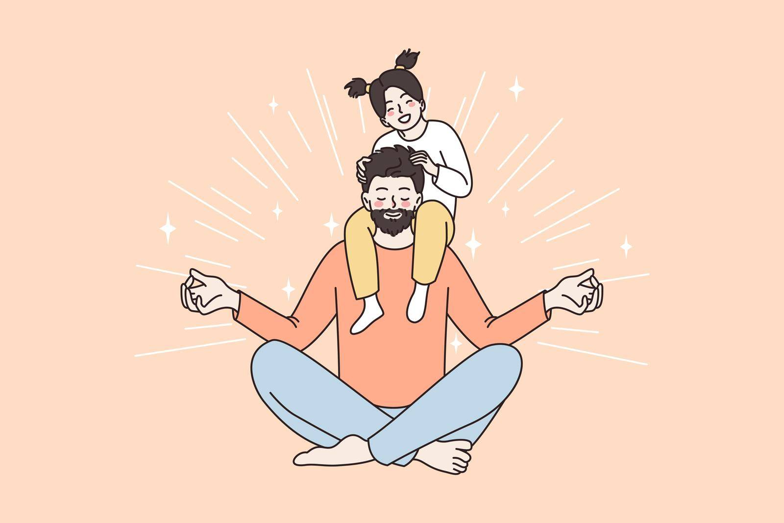 Happy fatherhood and childhood concept. Young smiling father sitting meditating and holding hid little happy daughter on his shoulders vector illustration