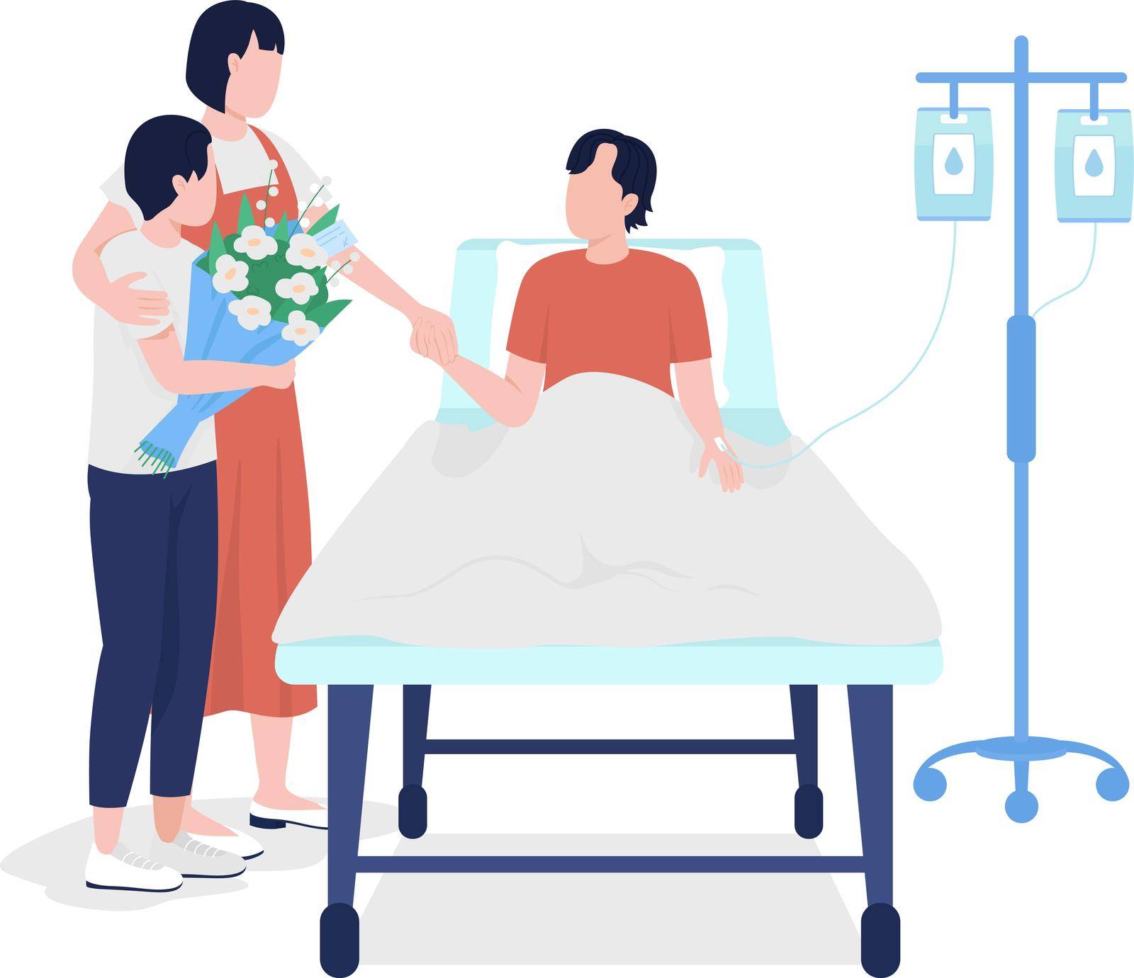 Family members visiting man in hospital semi flat color vector characters. Full body people on white. Family support isolated modern cartoon style illustration for graphic design and animation