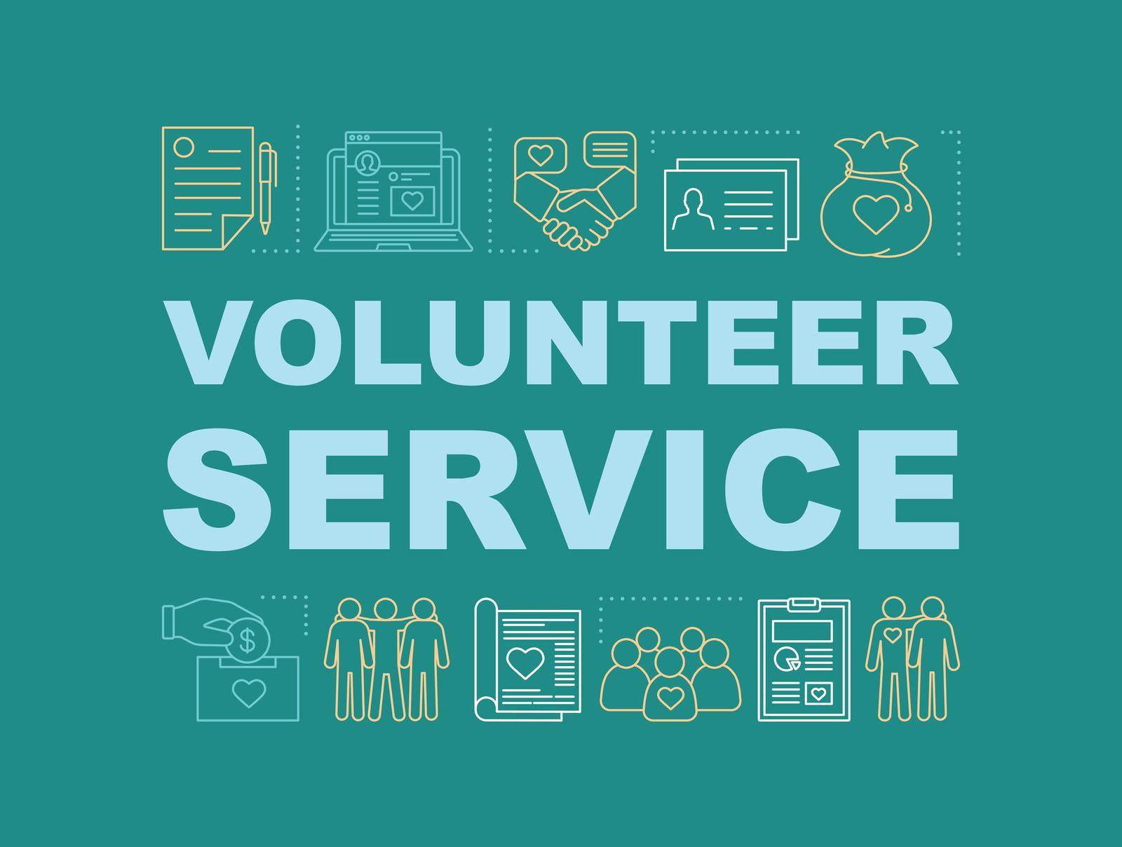 Volunteer service word concepts banner. Sponsorship. Charitable fundraising. Presentation, website. Isolated lettering typography idea with linear icons. Vector outline illustration