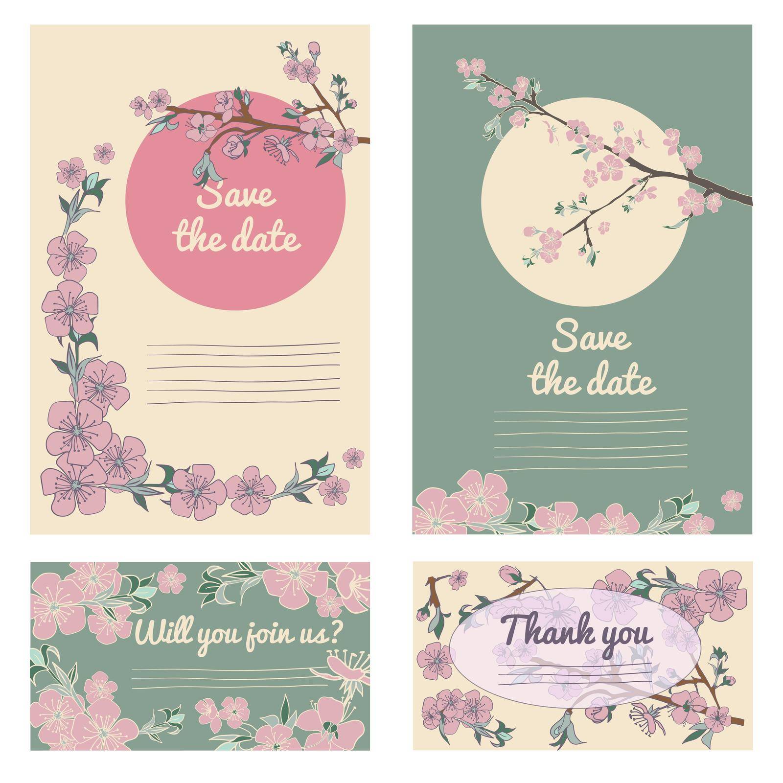 Set of flowering hand drown cherry blossom card. Vintage background. Vector illustration. Best for invitations, textile, print, greeting card