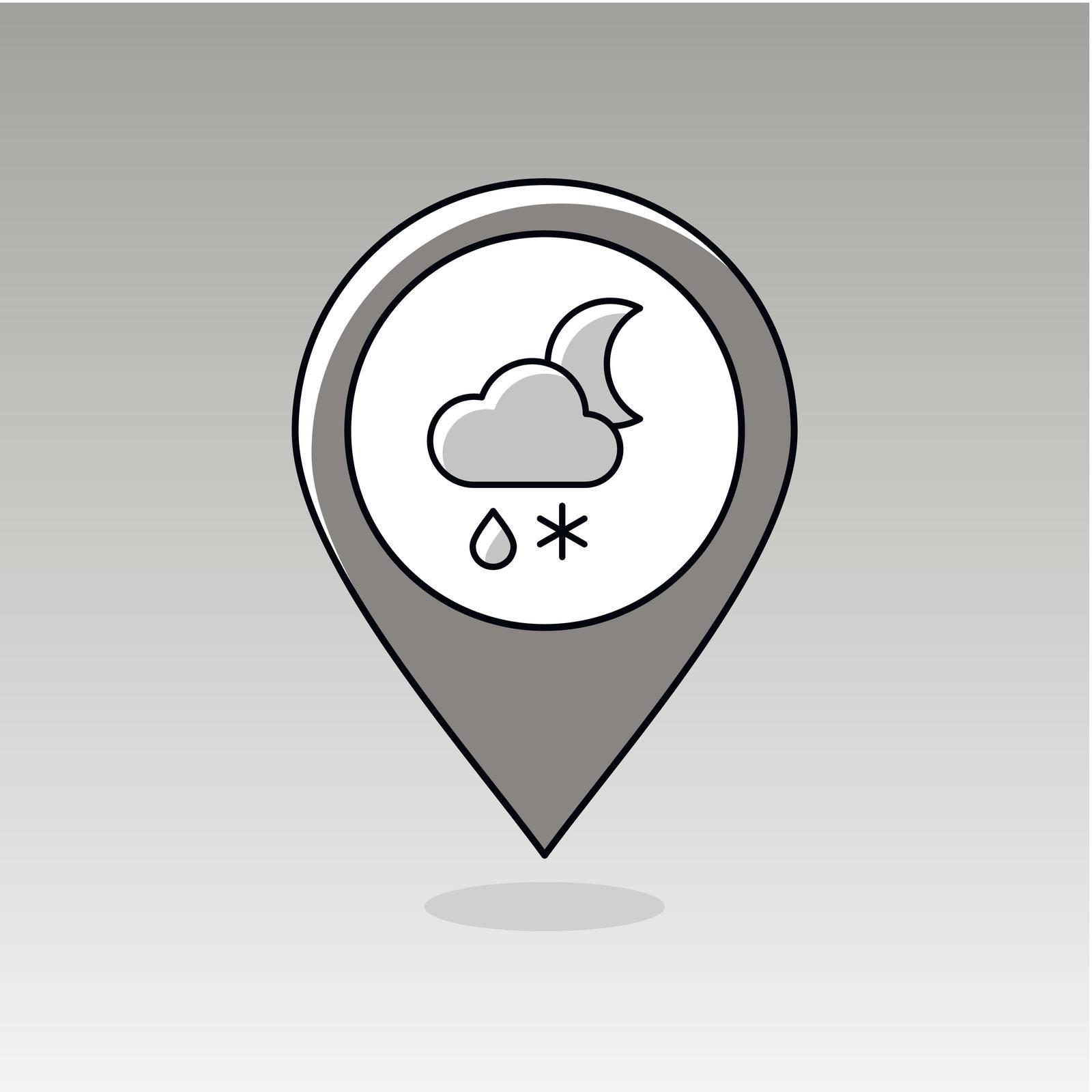 Cloud with Snow and Rain Moon outline pin map icon. Map pointer. Map markers. Sleep night dreams symbol. Meteorology. Weather. Vector illustration eps 10