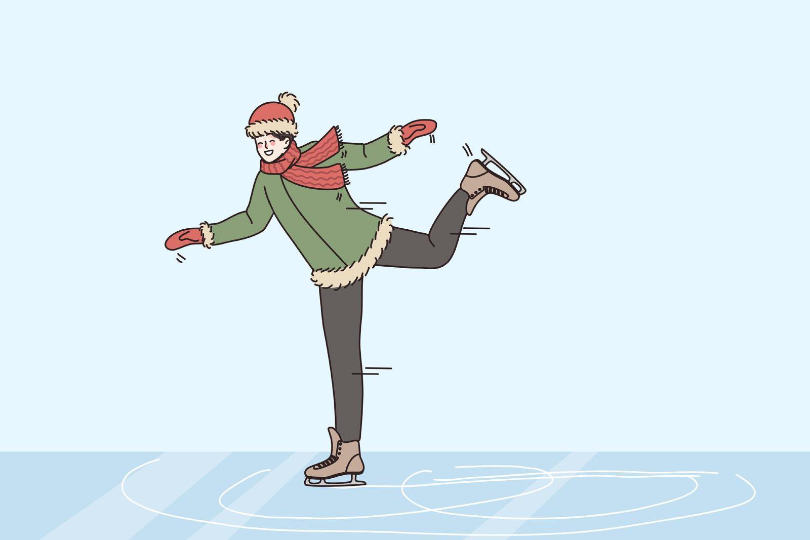 Winter fun and activities concept. Smiling boy wearing scarf and hat skating on rink enjoying having fun leisure and spare time vector illustration