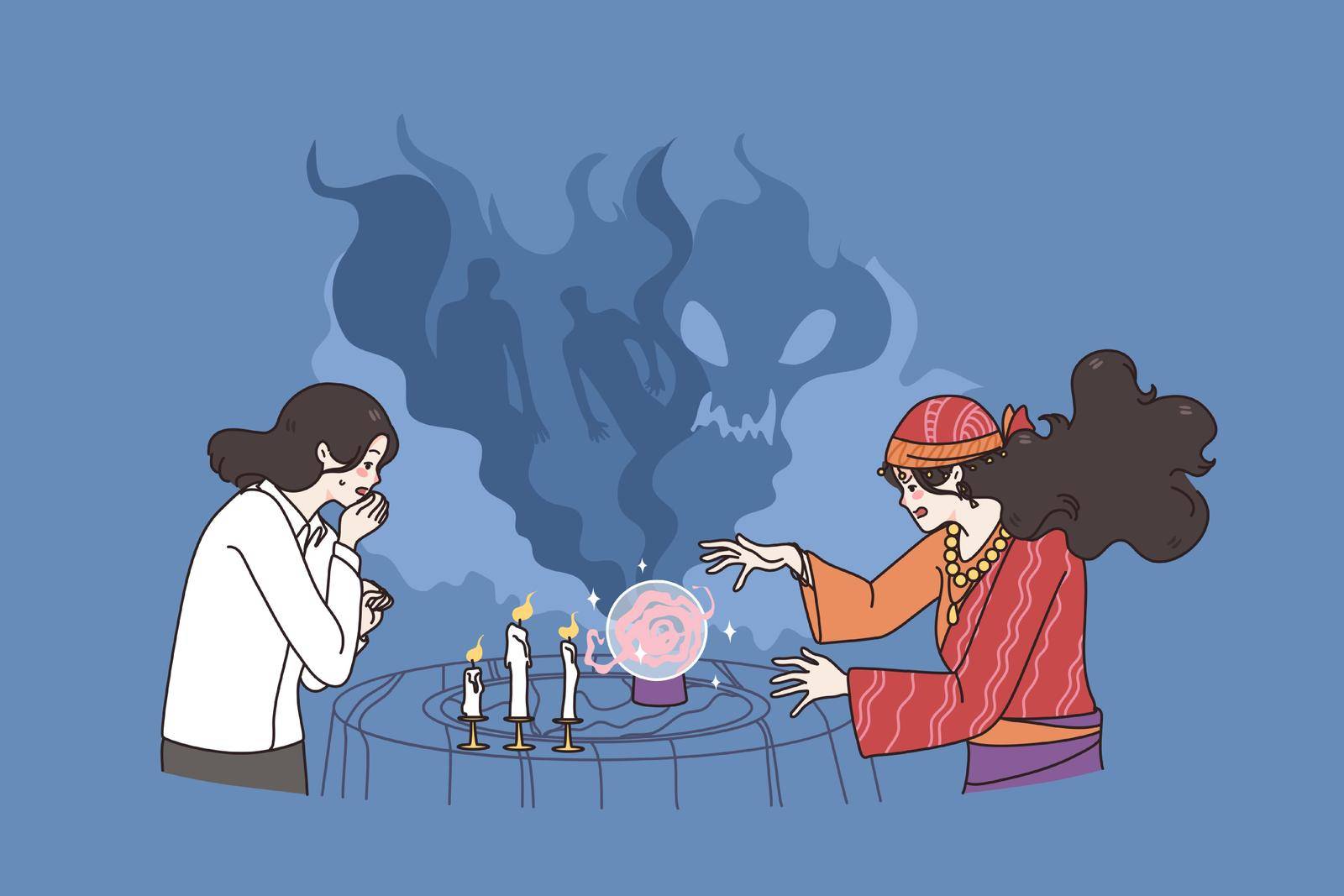 Telling fortunes and witchcraft concept. Young witch and client witting telling fortunes with candles and magic ball with ghosts at wall vector illustration