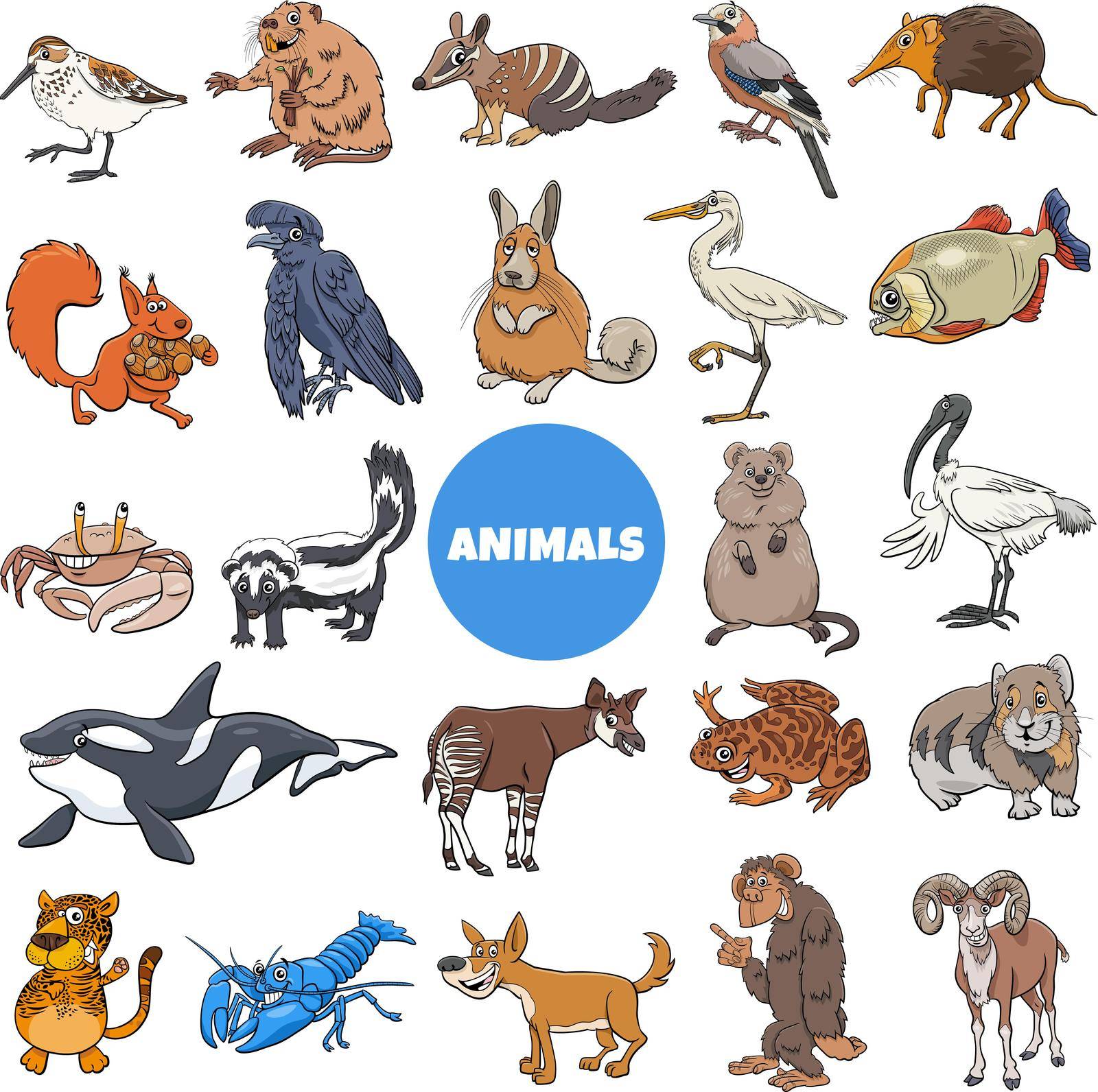 Cartoon illustration of funny wild animal species characters big set