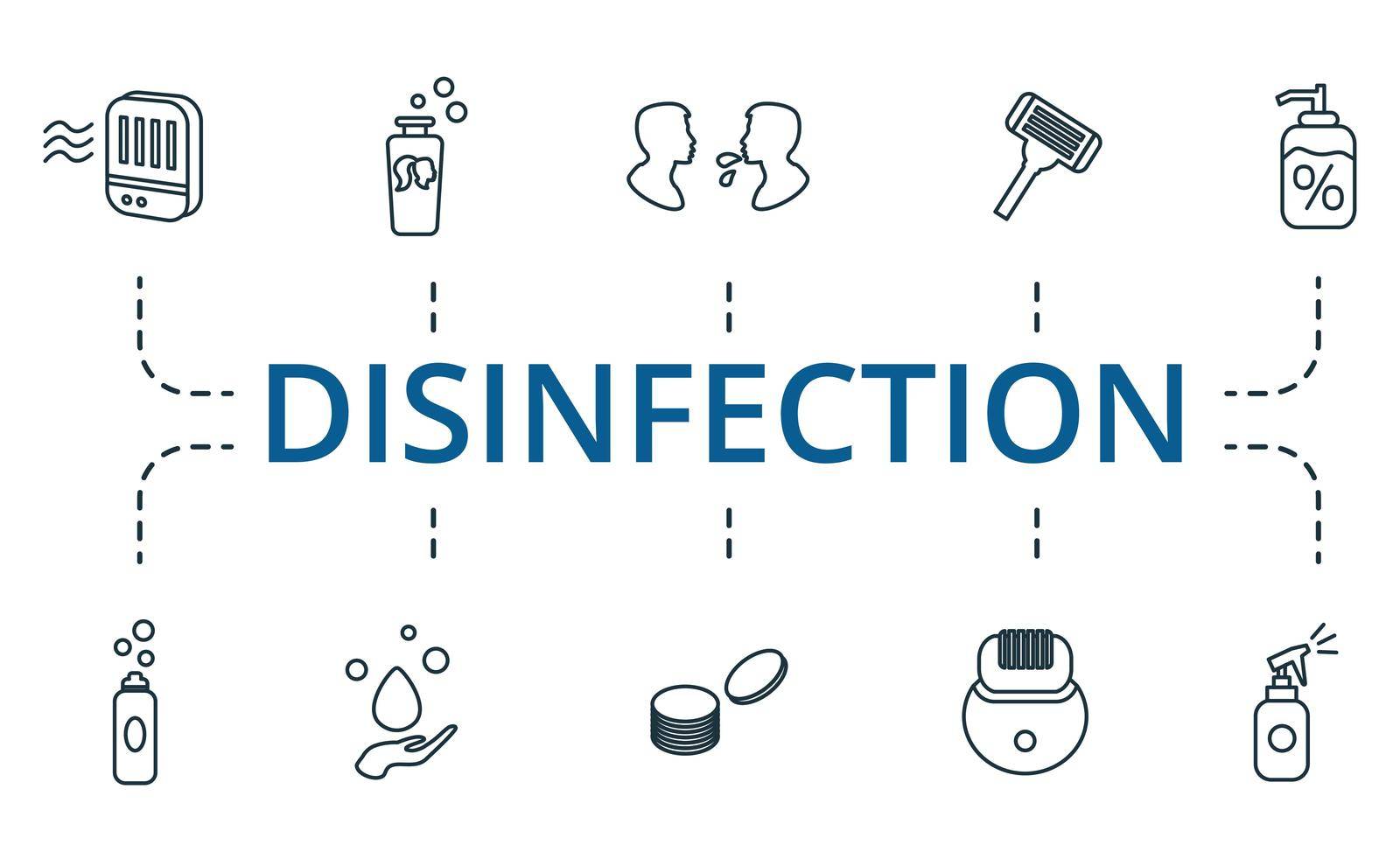 Disinfection icon set. Collection of simple elements such as the ear sticks, alcohol disinfector, pads, shampoo, sick person contact, personal hygiene and ther icons.