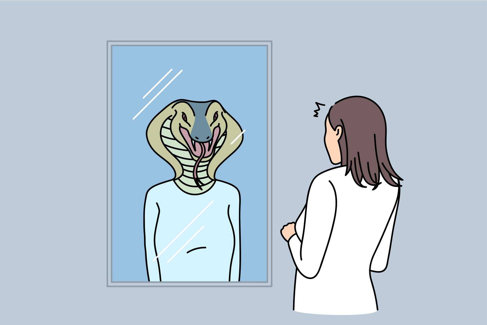 Woman look in mirror see snake reflection worried about evil inner nature. Back view of girl see shadow bad self-identity. Psychological or mental problem concept. Flat vector illustration.
