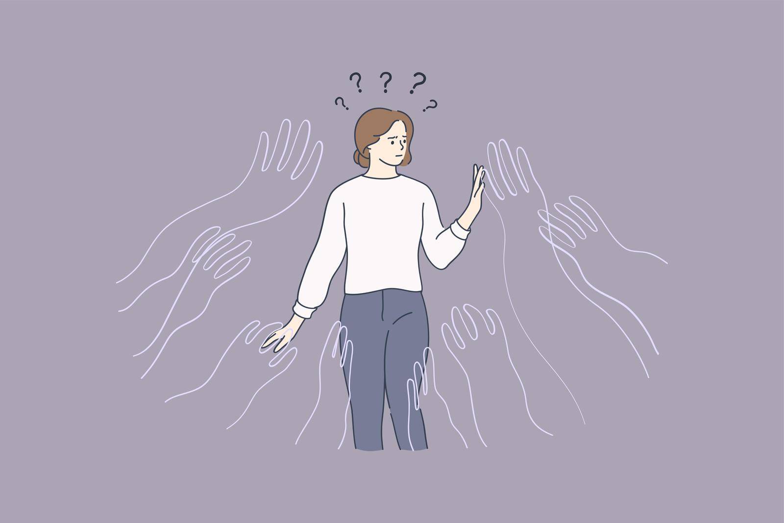Psychological influence, manipulation, addiction concept. Young frustrated woman cartoon character standing surrounded by giant creeping hands feeling influence and doubting what to choose
