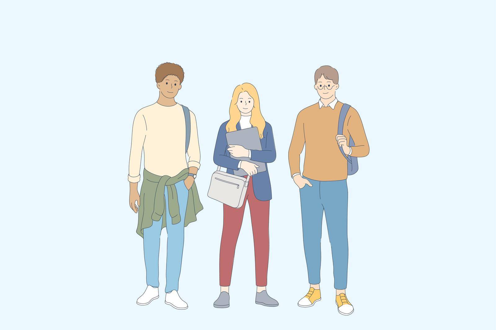 Students and friendship concept. Young smiling teen people students classmates cartoon characters standing with backpacks and books together after lessons outdoors vector illustration