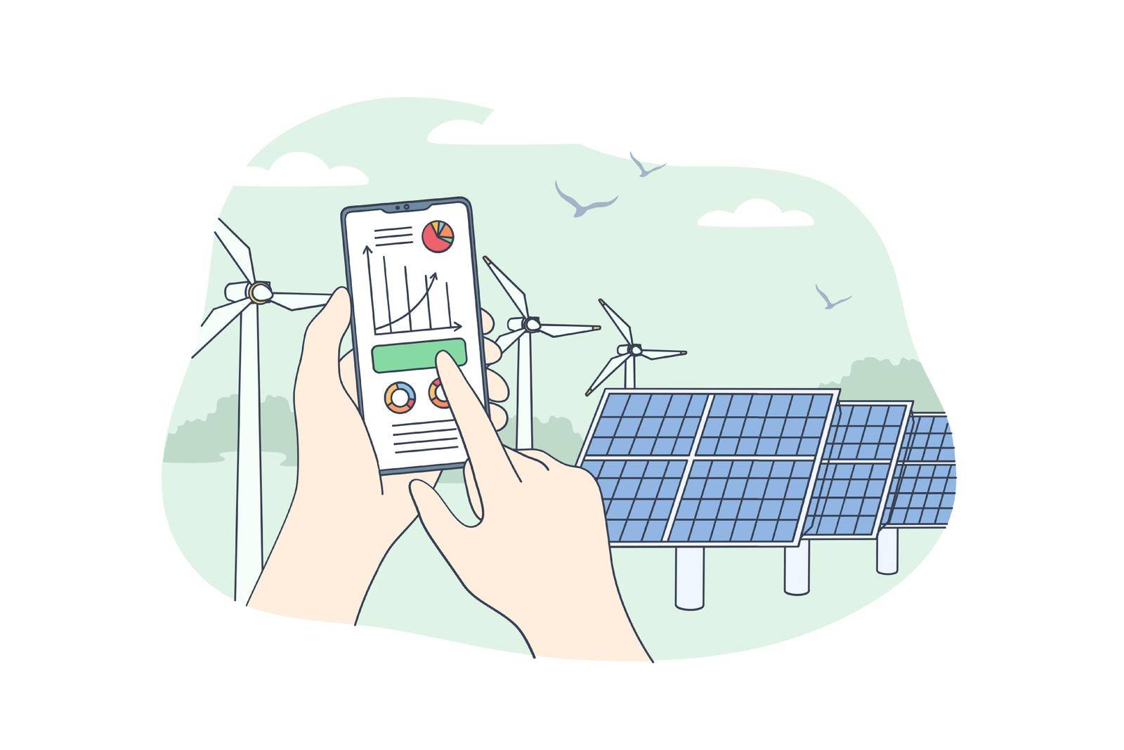 Sustainable renewable energy concept. Human hands holding mobile smartphone with electricity energy usage monitoring app with power plant storage station with solar panels on background illustration