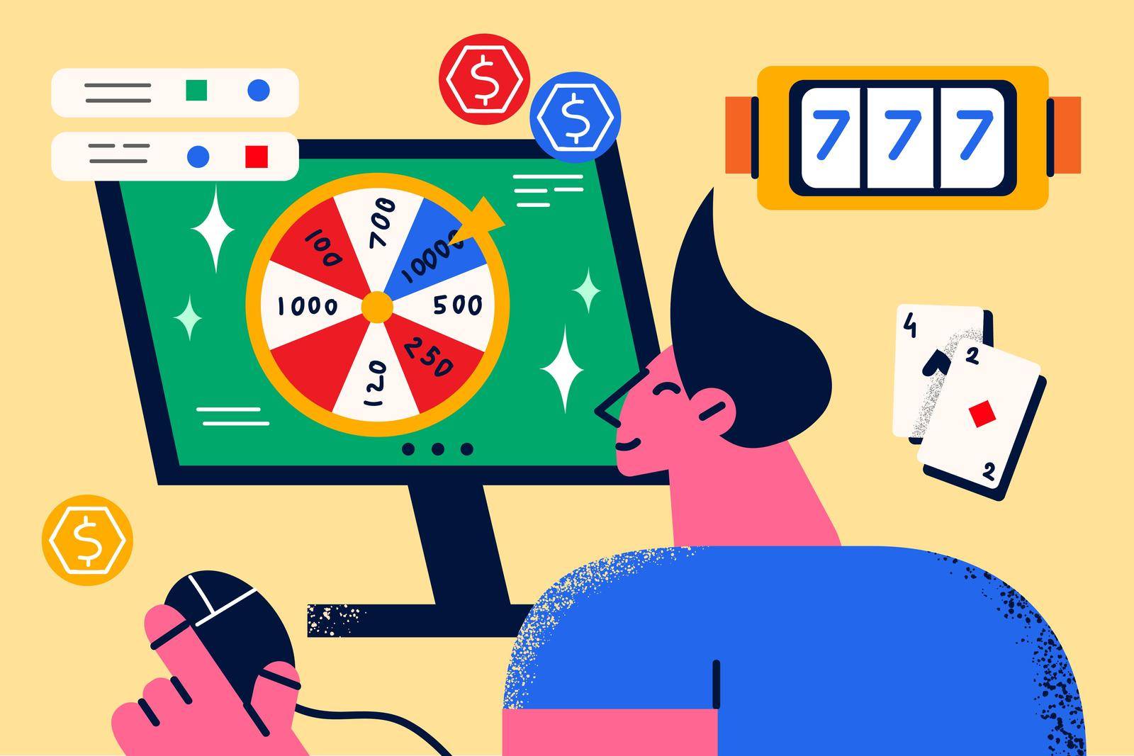 Man gamble online on computer believe in fortune by Vasilyeu