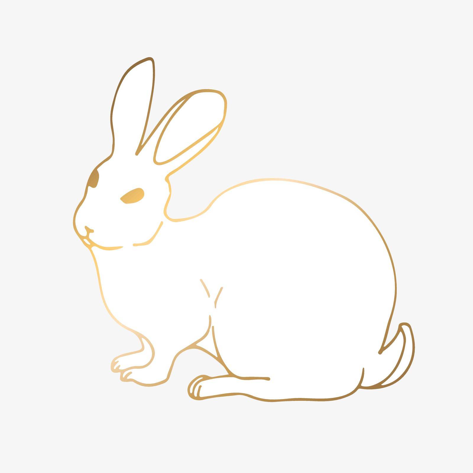 Hand drawing, vector illustration white rabbit with gold sitting. For print and web pages.