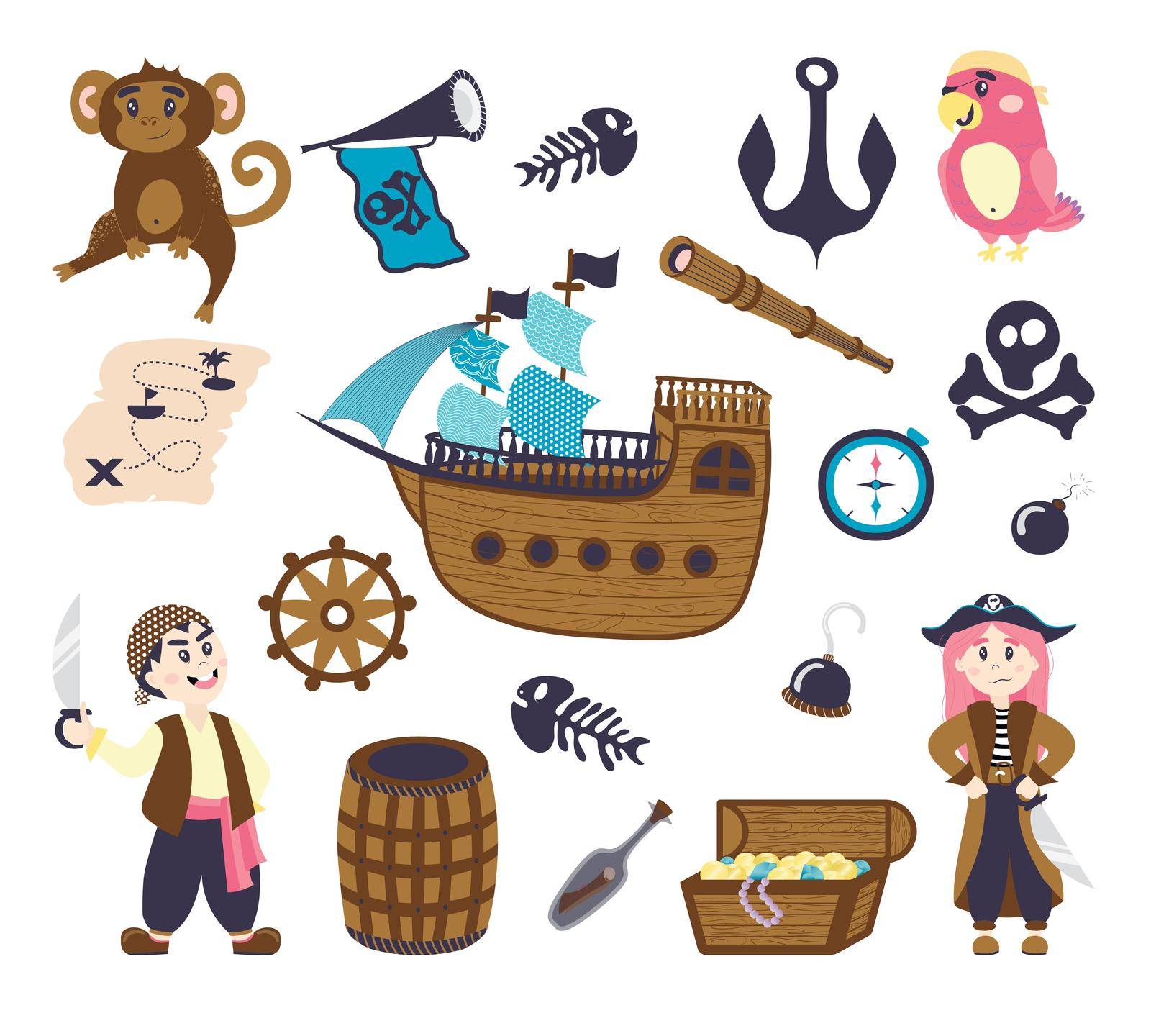 A set of pirate items, a ship, a pirate girl and a boy, a parrot in a bandana, a monkey, a skull with bones, a fish skeleton, a telescope, a compass, a steering wheel, a hook, a bomb, a smoking pipe,